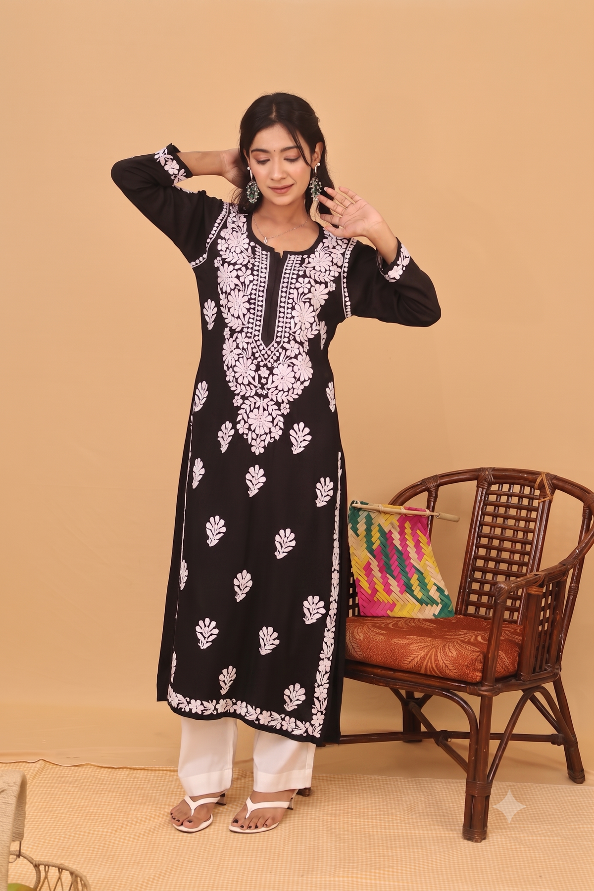 Black Rayon White Thread Long Kurti 2 Piece Set