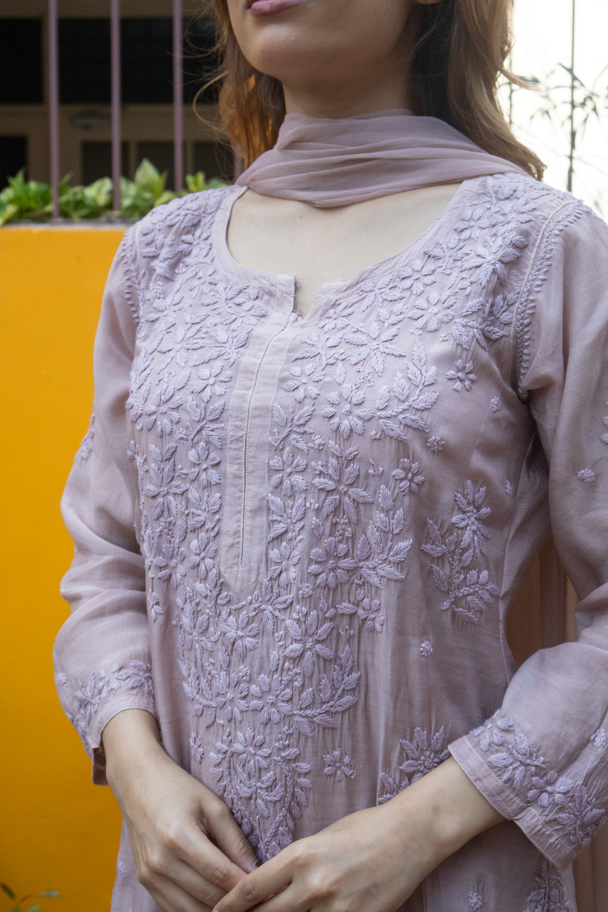 Brown Muslin Kurti with Ghaaspatti Work
