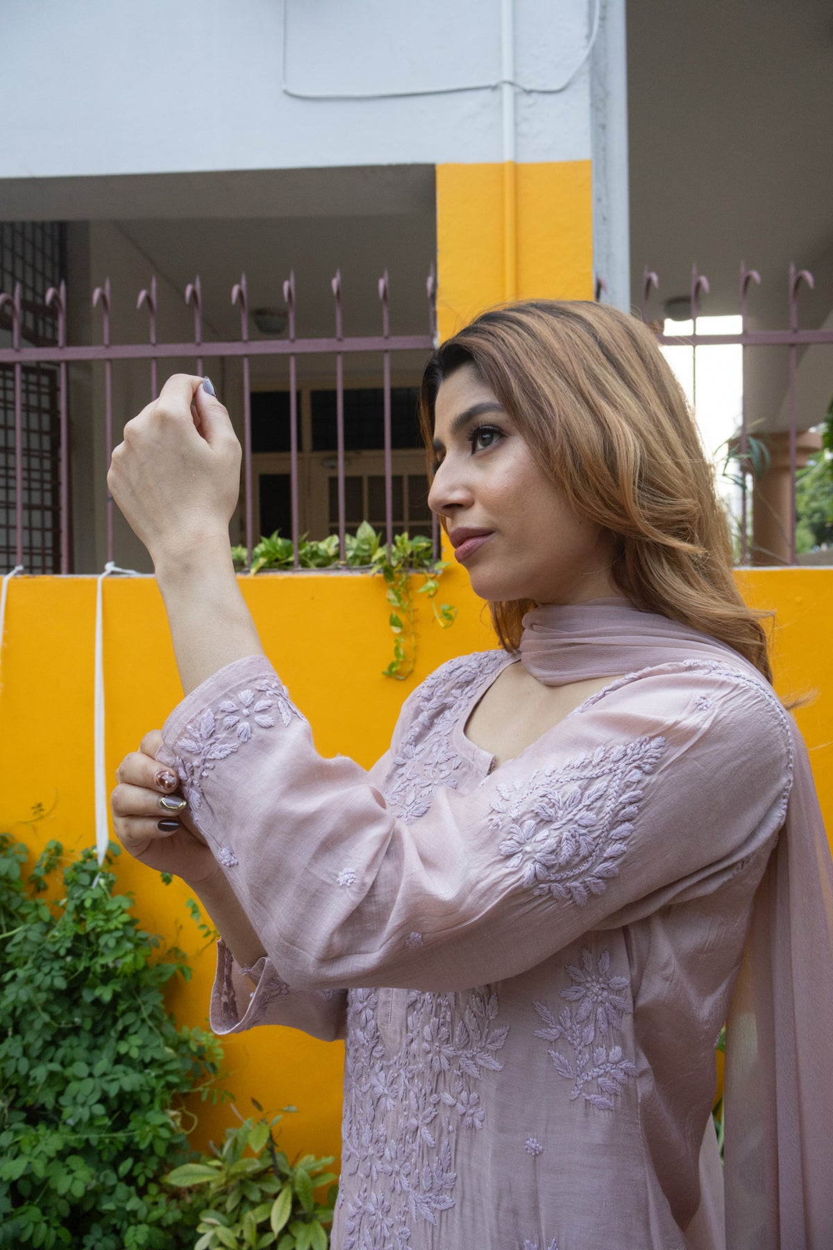 Brown Muslin Kurti with Ghaaspatti Work