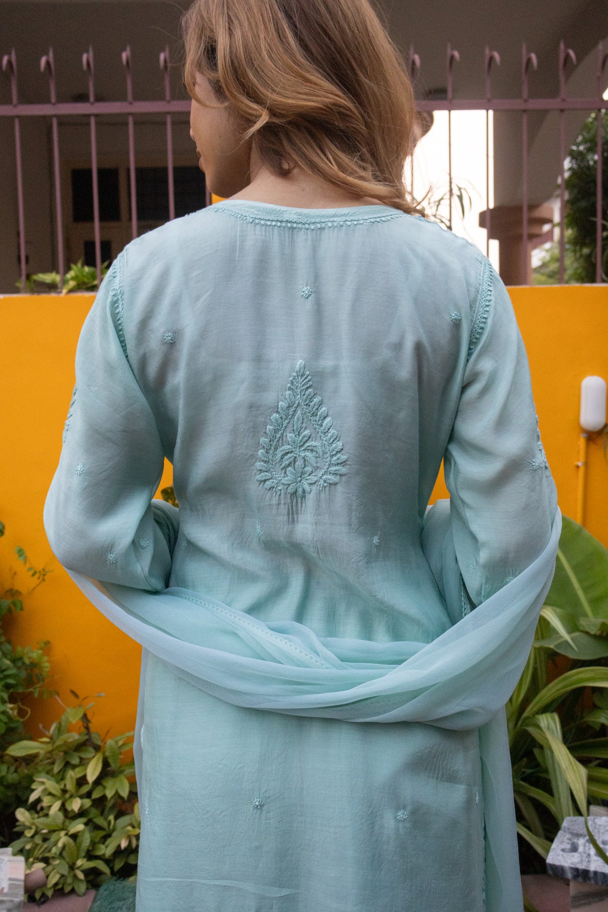 Blue Muslin Kurti with Afghani 3 Piece set