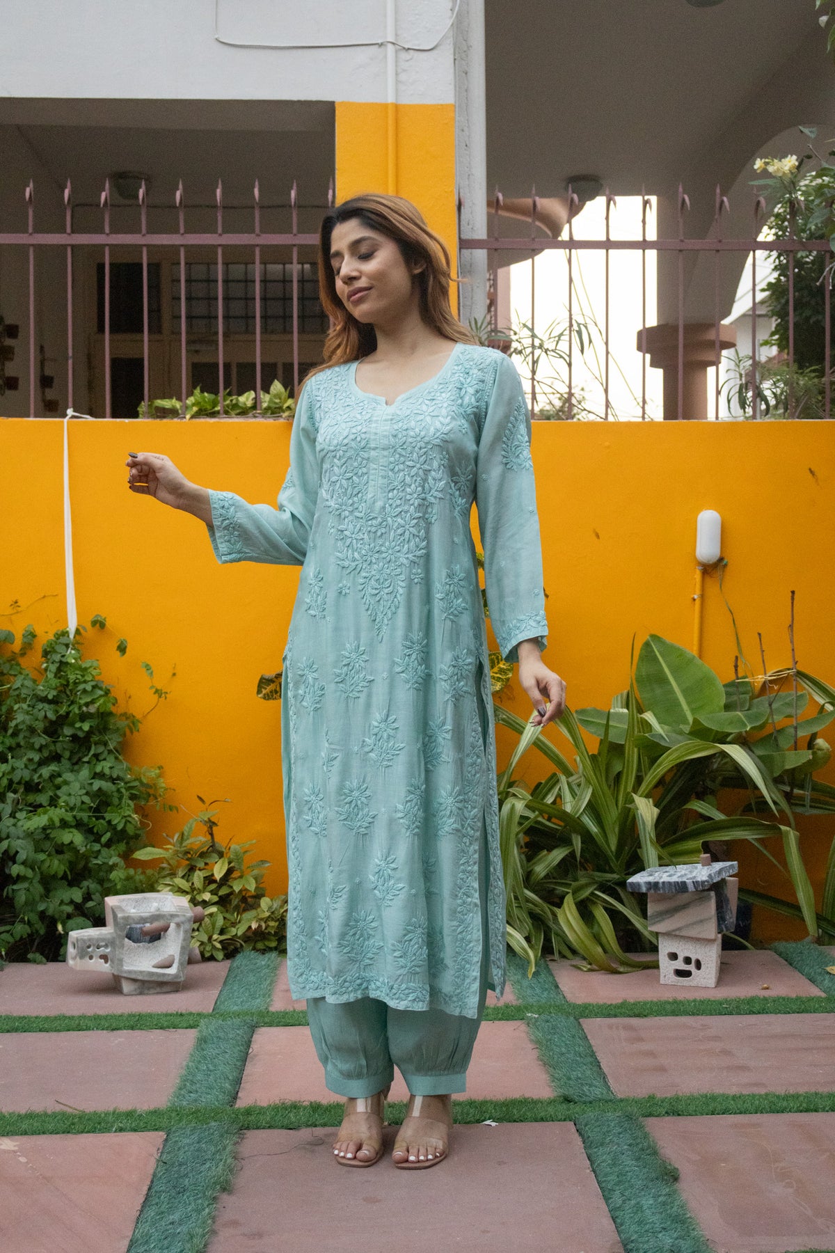 Blue Muslin Kurti with Afghani 3 Piece set