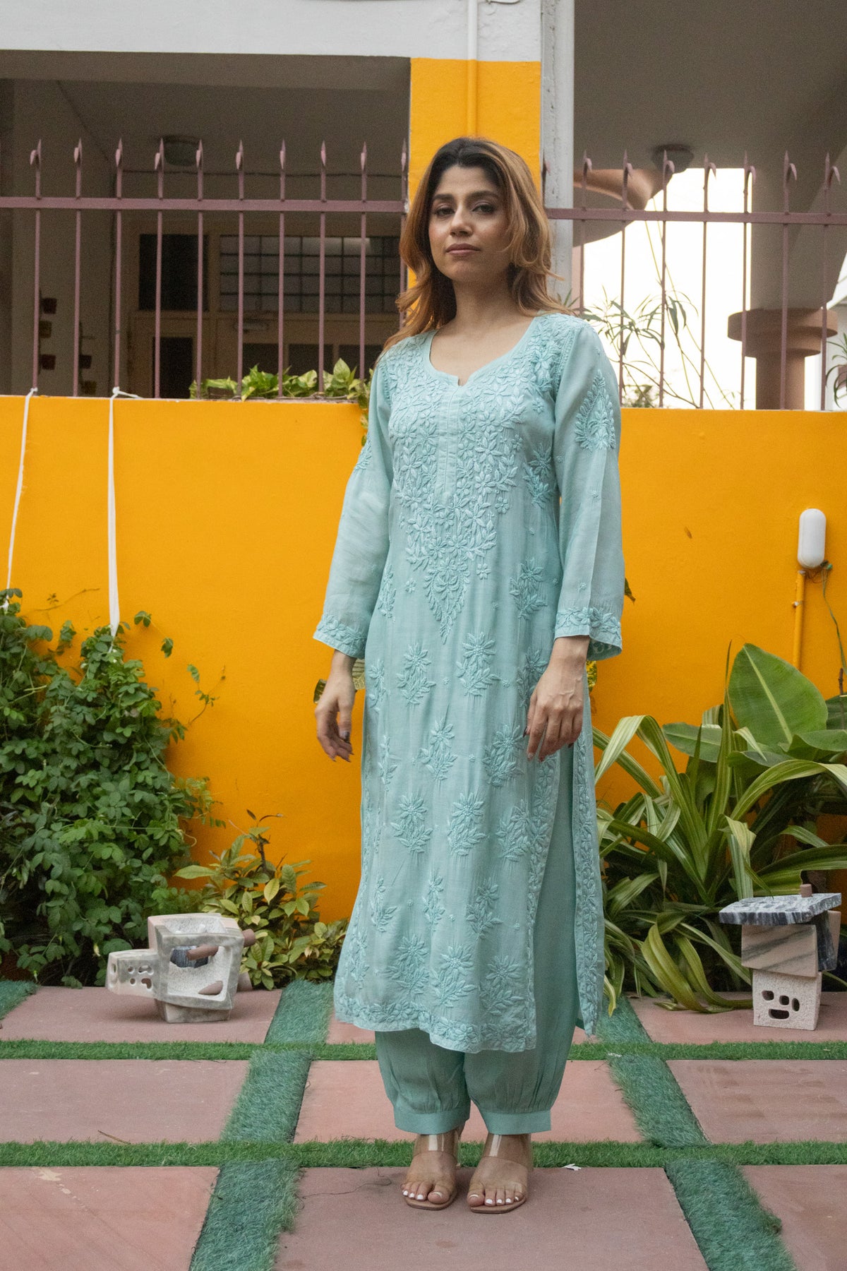 Blue Muslin Kurti with Afghani 3 Piece set