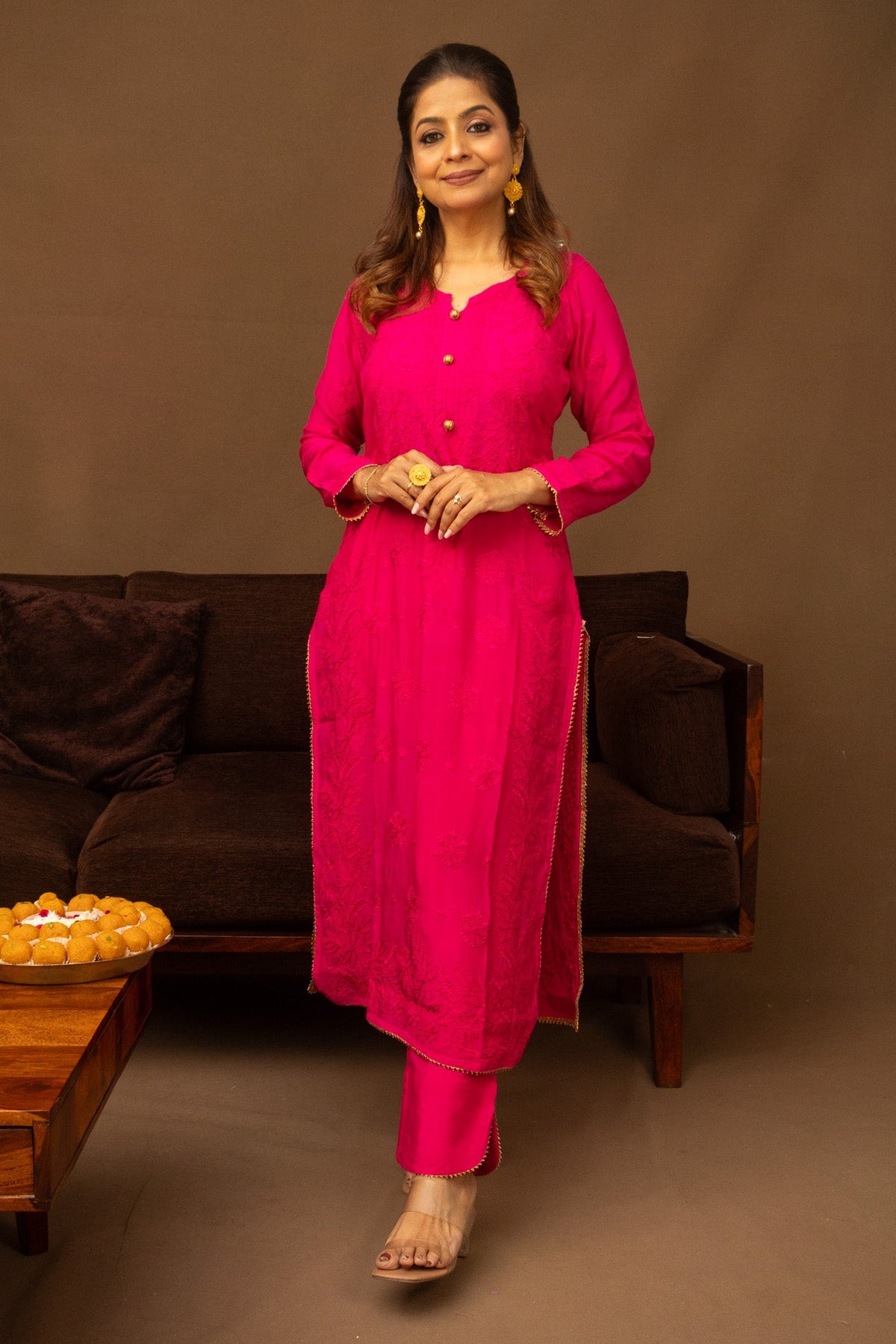 Pink Festive Chikankari Muslin 2 Piece Set