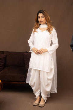 White Muslin Short Kurti with Dhoti Pants 3 Piece Set