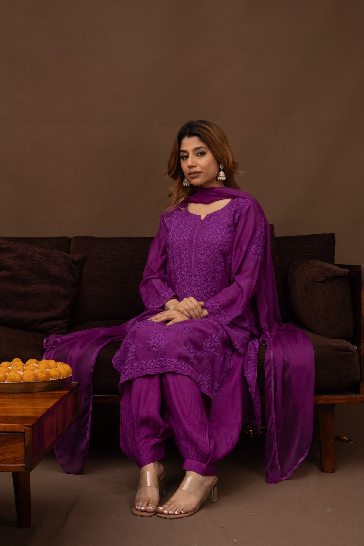 Purple Muslin Kurti with Afghani 3 Piece set