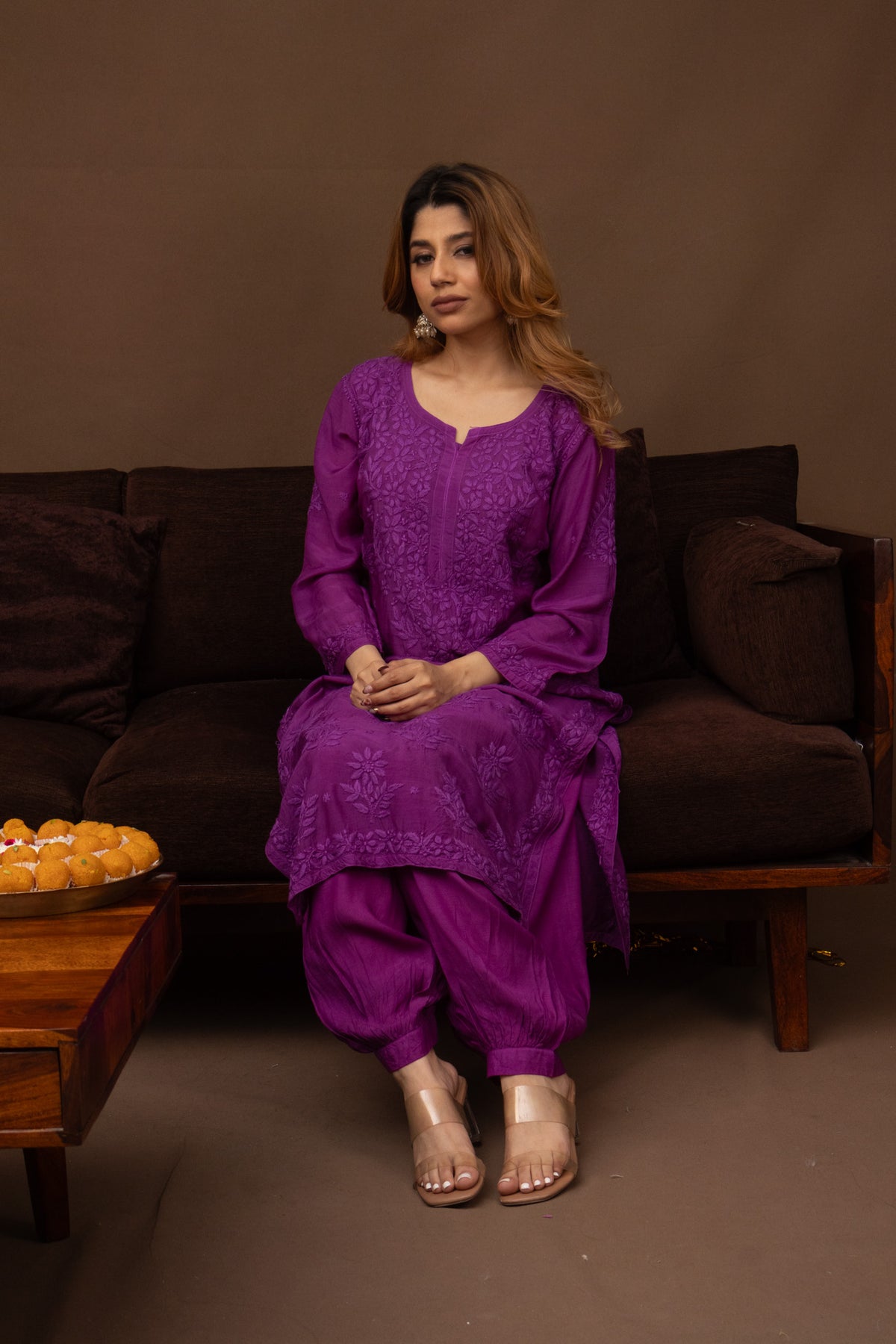 Purple Muslin Kurti with Ghaaspatti Work