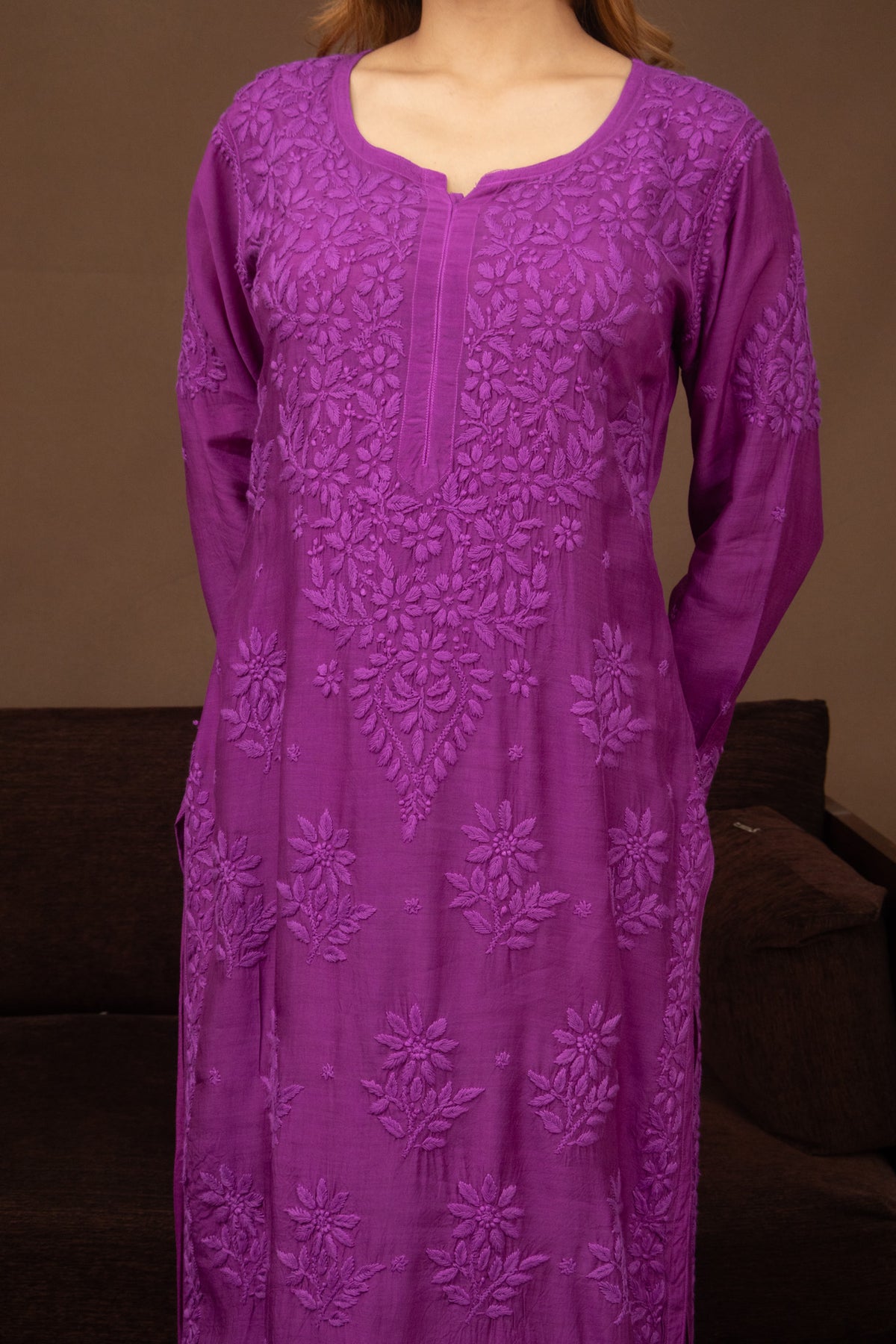 Purple Muslin Kurti with Ghaaspatti Work