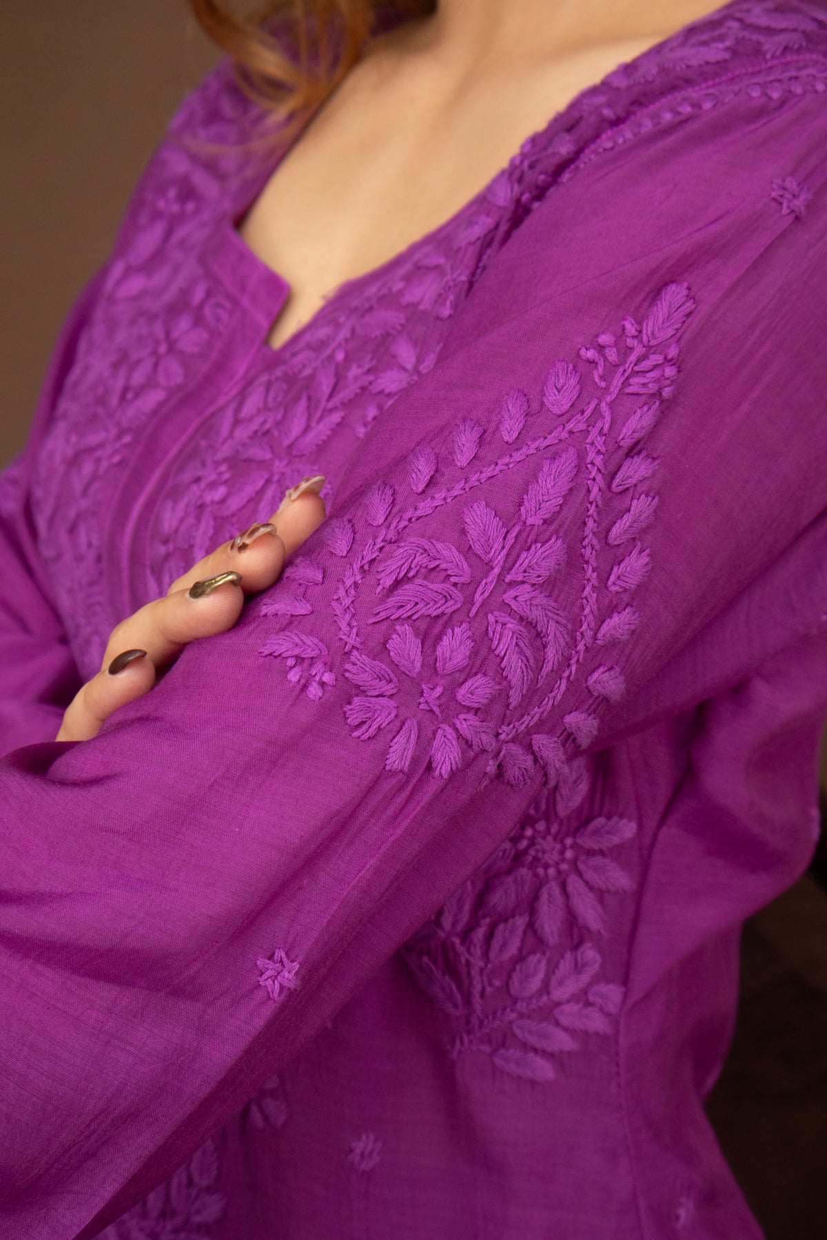 Purple Muslin Kurti with Ghaaspatti Work