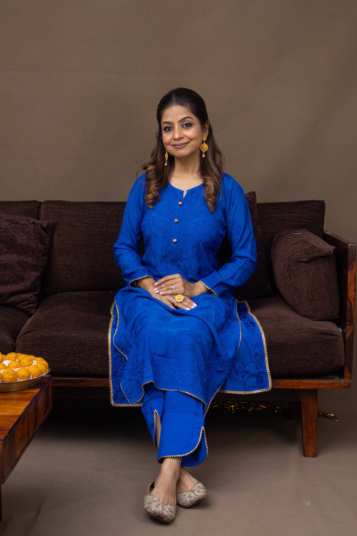 Blue Festive Chikankari Muslin 3 Piece Set