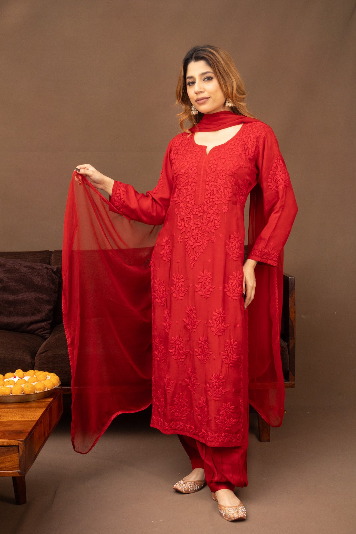 Red Muslin Kurti with Afghani 3 Piece set