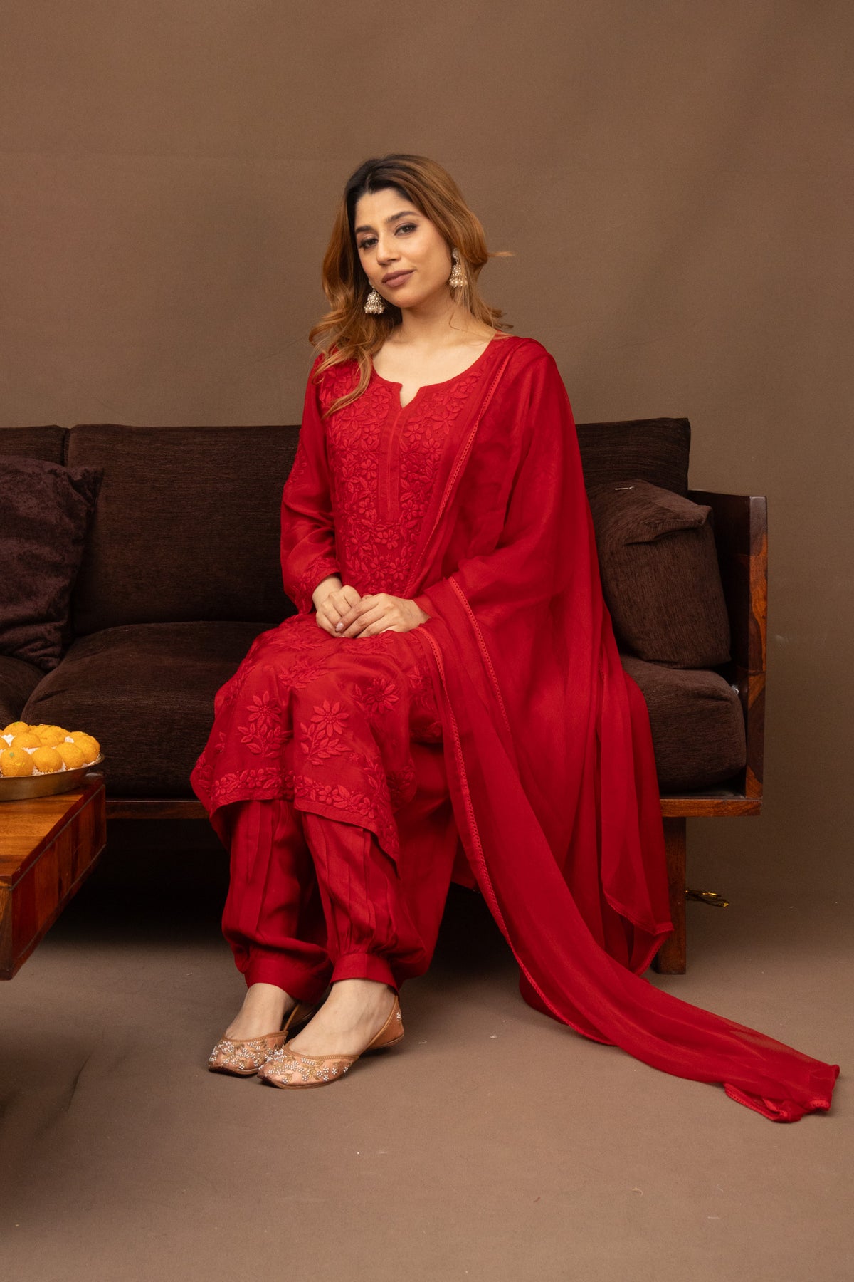Red Muslin Kurti with Afghani 3 Piece set