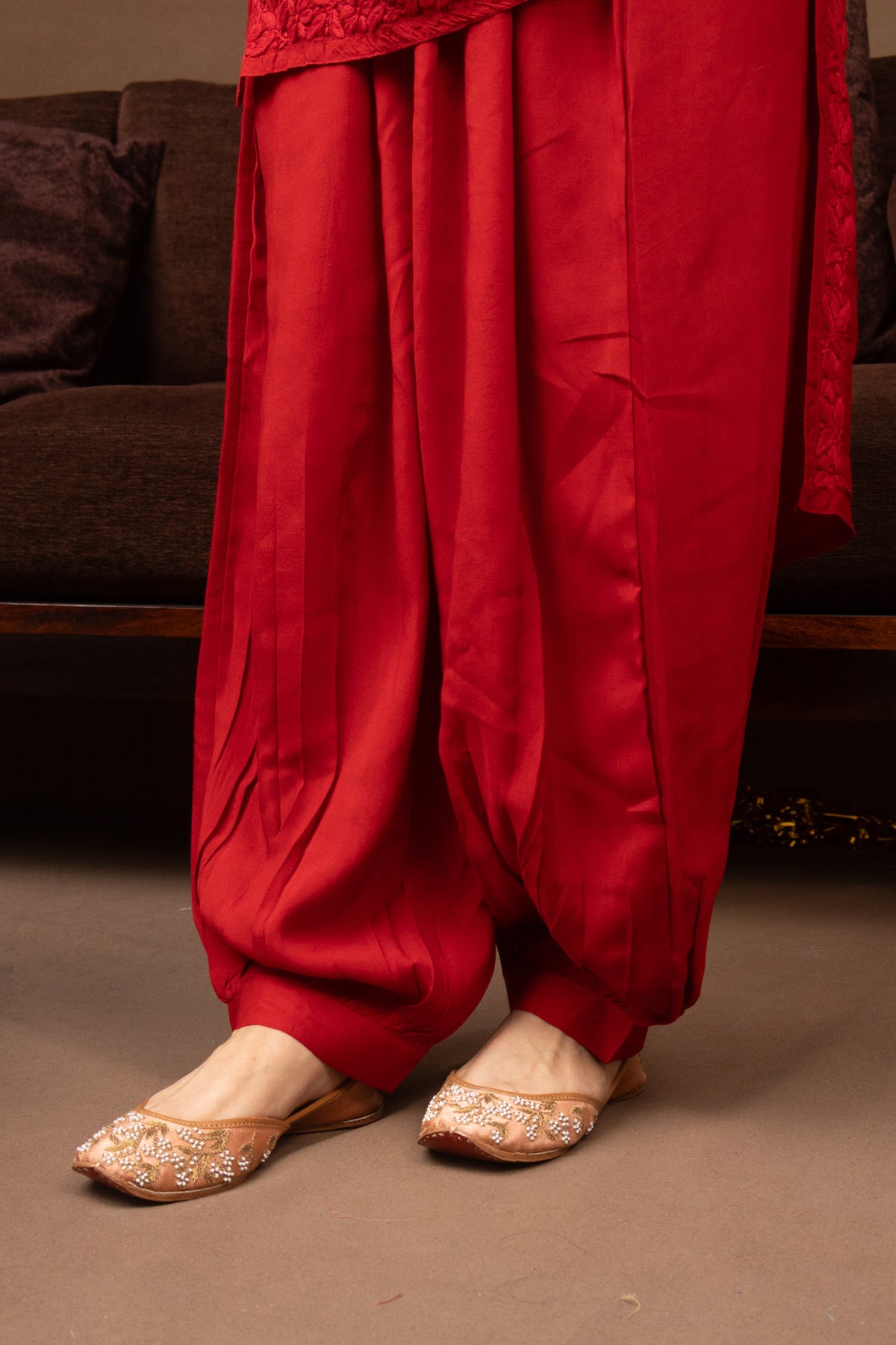 Red Muslin Kurti with Afghani 3 Piece set