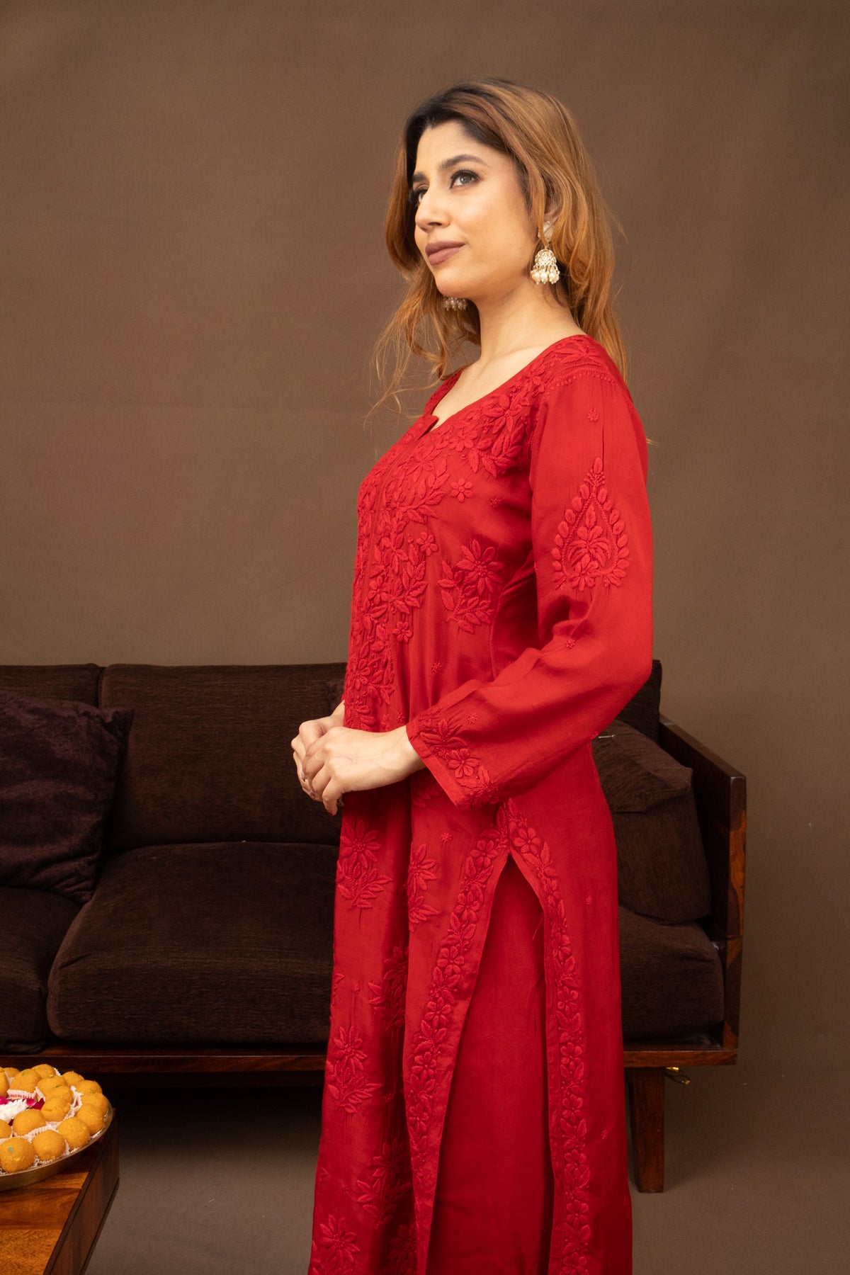 Red Muslin Kurti with Afghani 3 Piece set