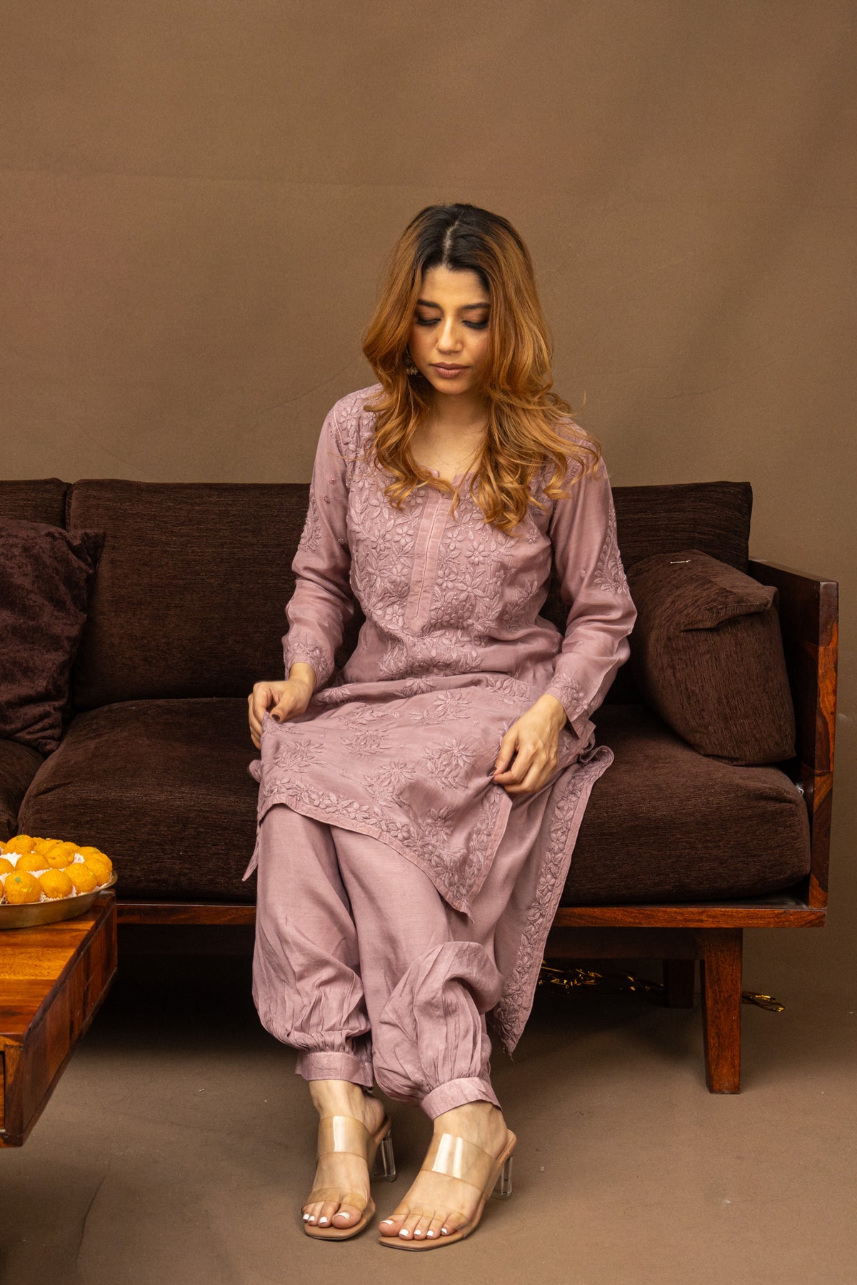 Lavendar Muslin Kurti with Afghani 3 Piece set