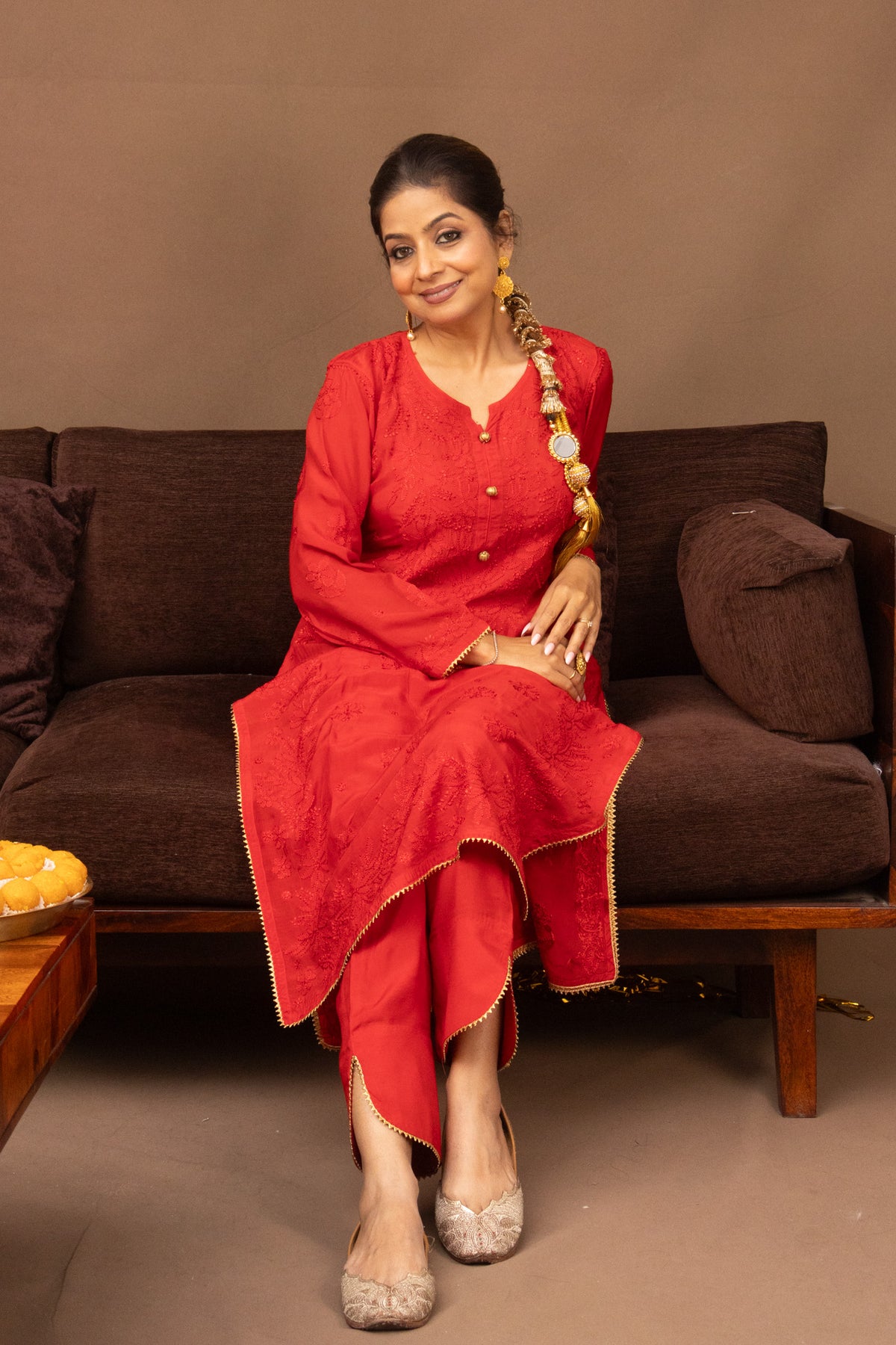 Red Festive Chikankari Muslin 3 Piece Set