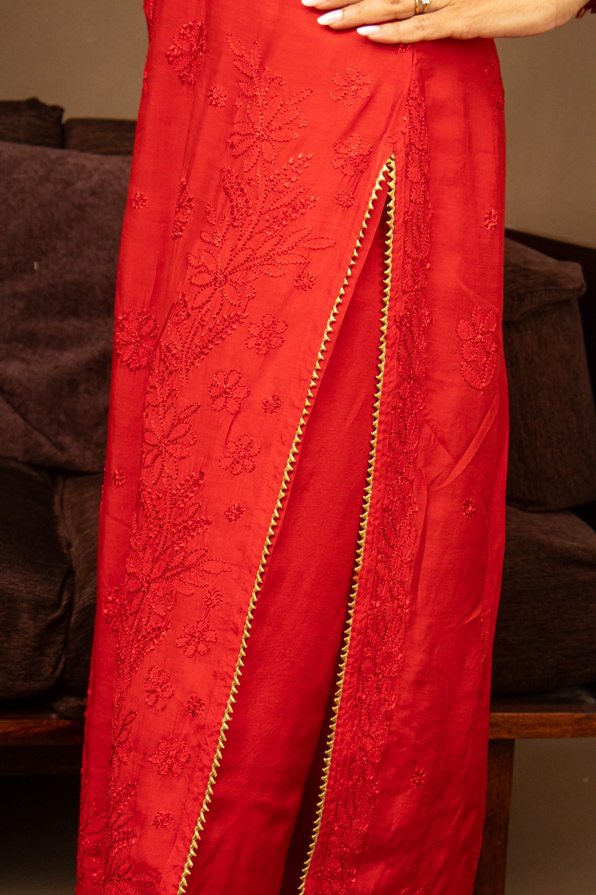 Red Festive Chikankari Muslin 3 Piece Set