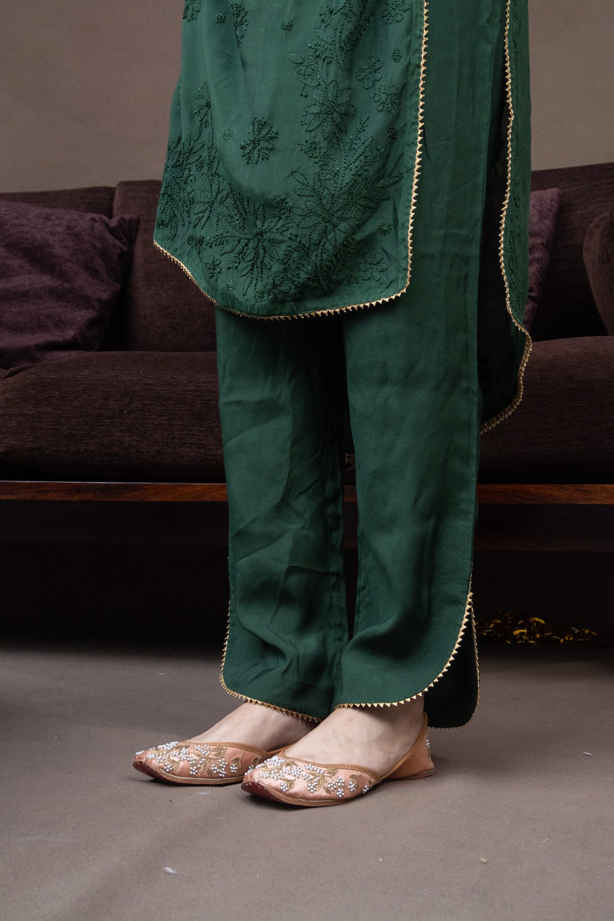Green Festive Chikankari Muslin 3 Piece Set