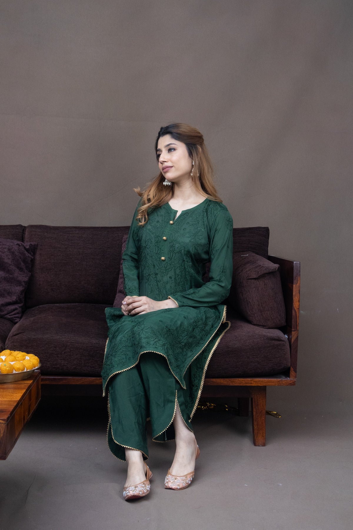 Green Festive Chikankari Muslin 3 Piece Set
