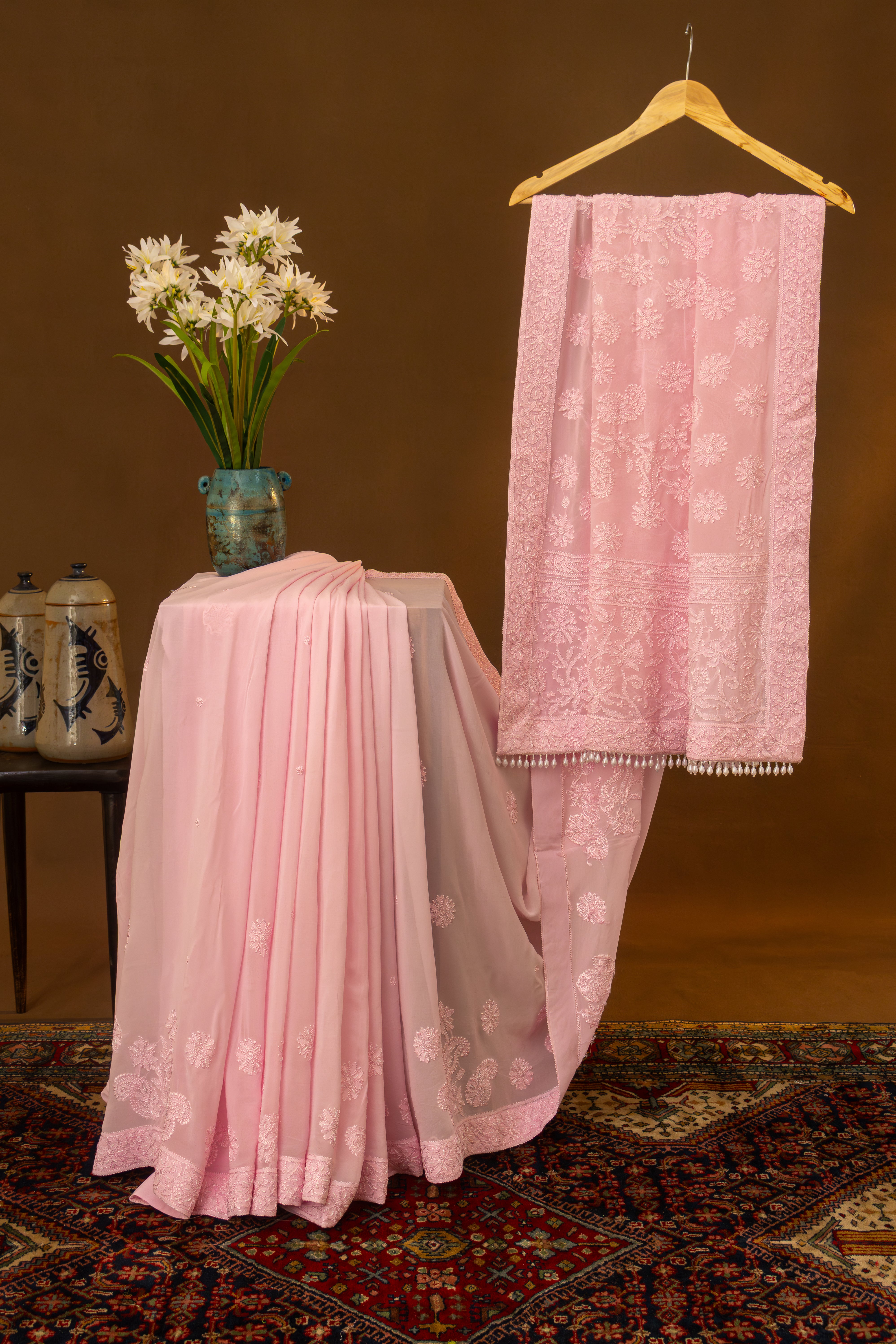 Premium Viscose Georgette Chikankari Resham Thread Saree Skirt Border Palla with  Pearl & Cutdana work