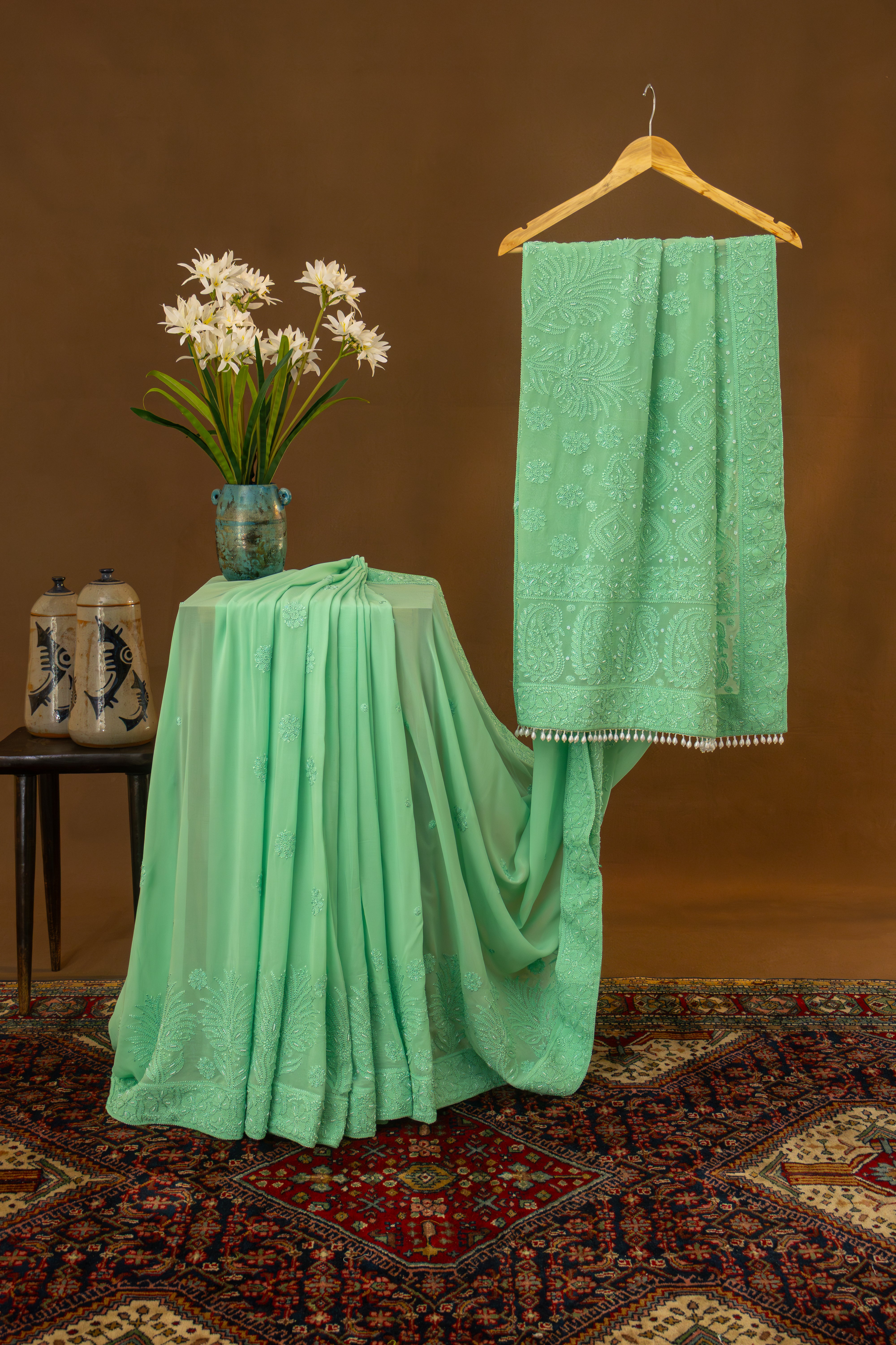 Premium Viscose Georgette Chikankari Resham Thread Saree Skirt Border Palla with  Pearl & Cutdana work