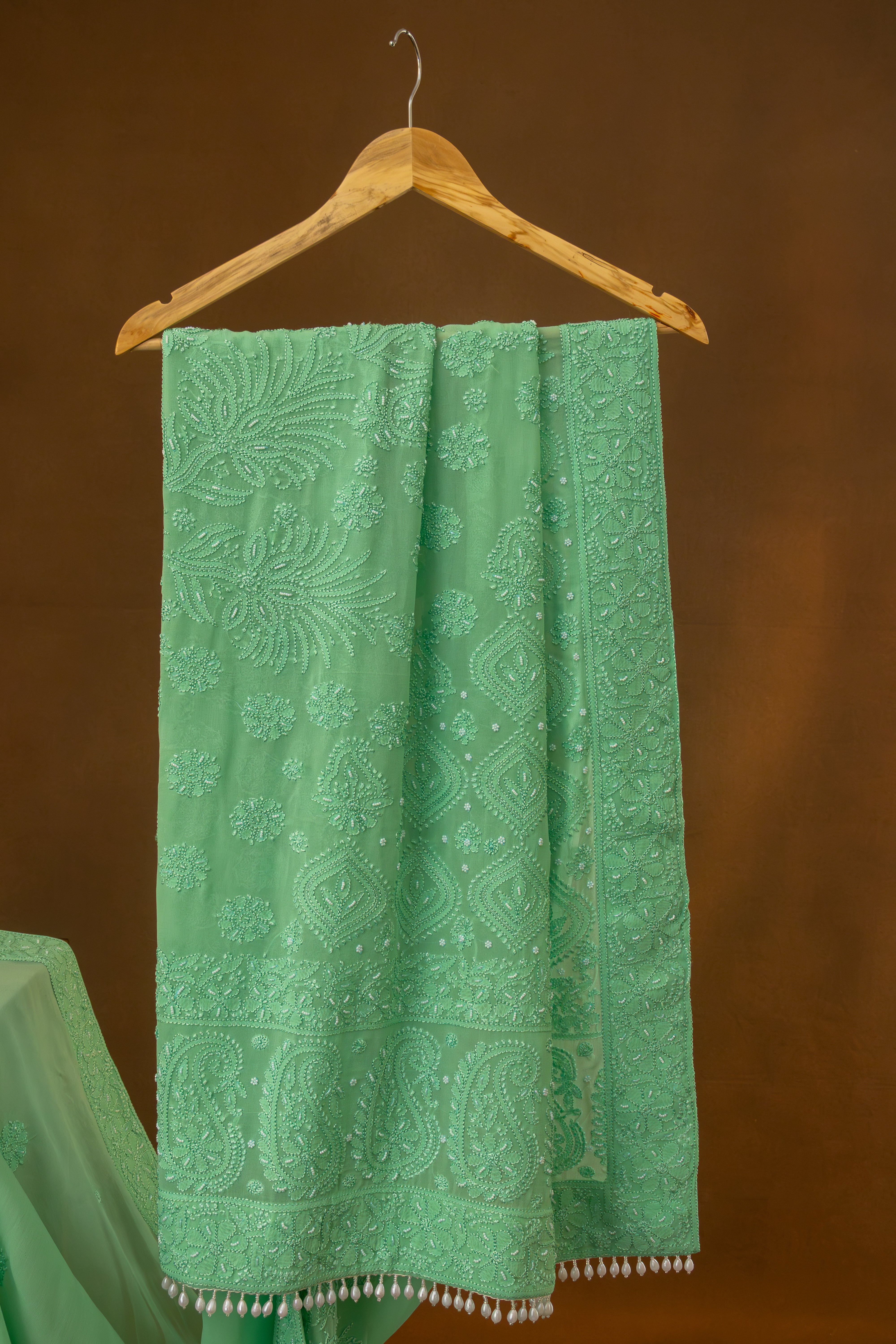 Premium Viscose Georgette Chikankari Resham Thread Saree Skirt Border Palla with  Pearl & Cutdana work