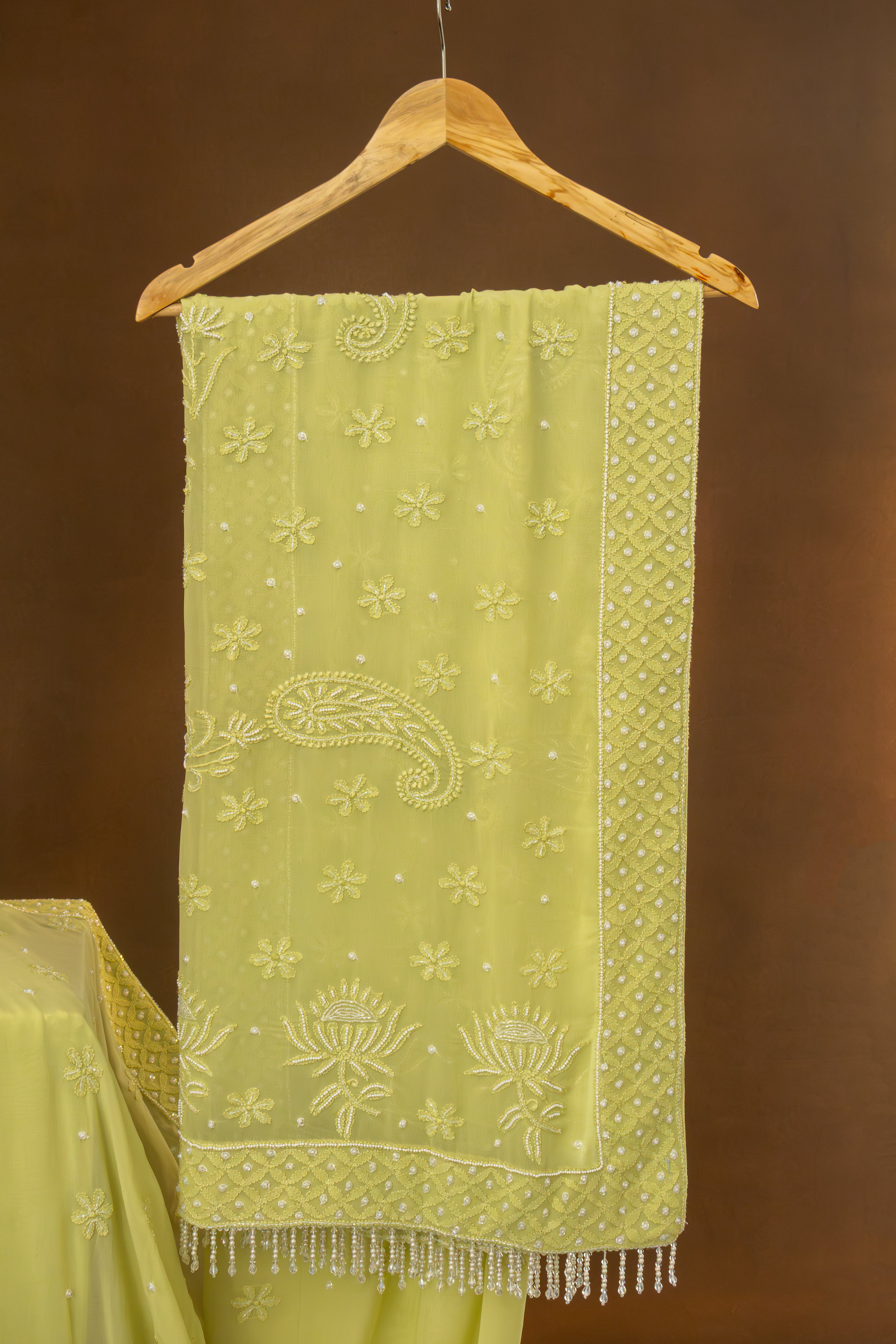 Premium Viscose Georgette Chikankari Cotton Thread Saree Skirt Border Palla with  Pearl & Cutdana work