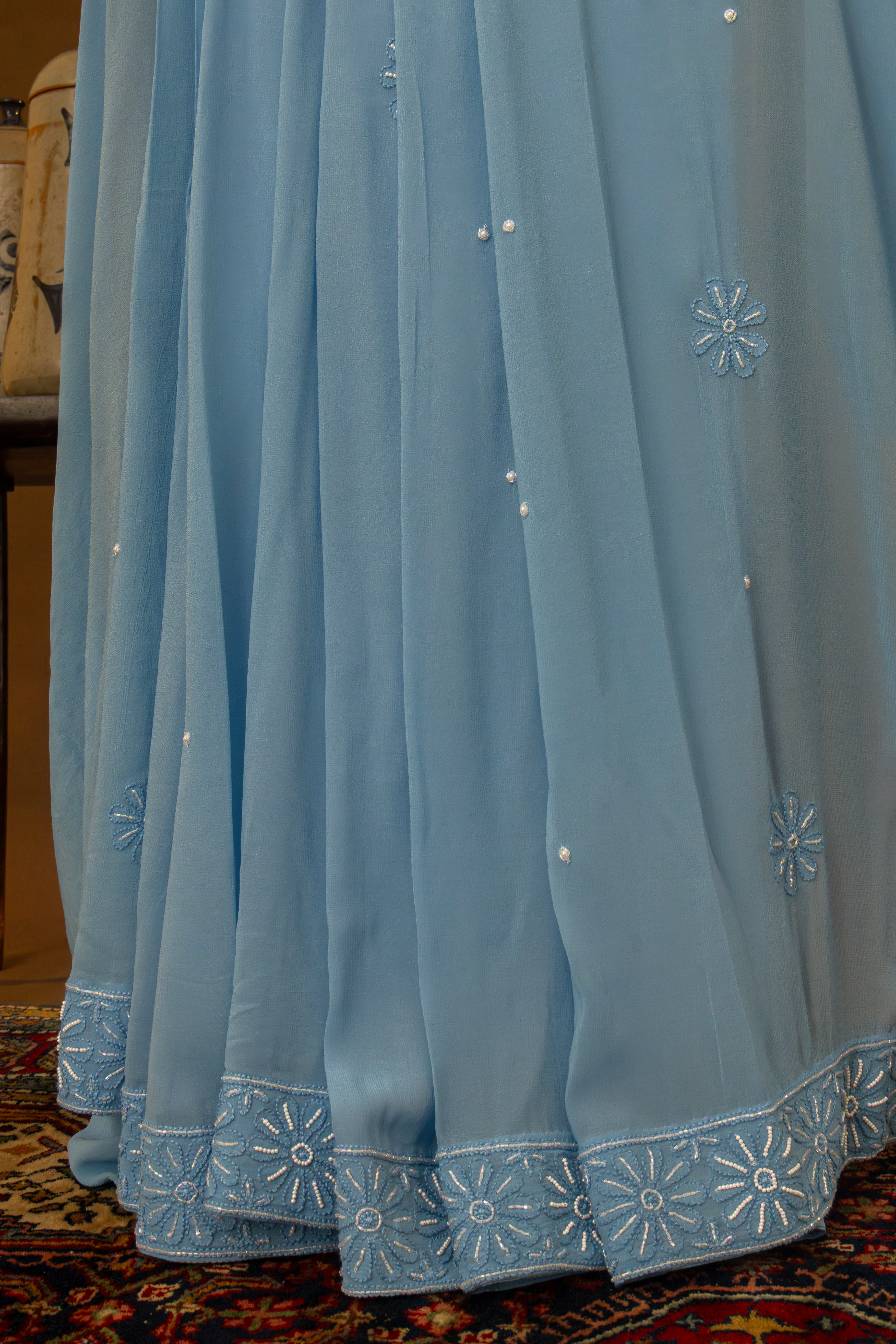 Premium Viscose Georgette Chikankari Cotton Thread Saree Skirt Border Palla with  Pearl & Cutdana work