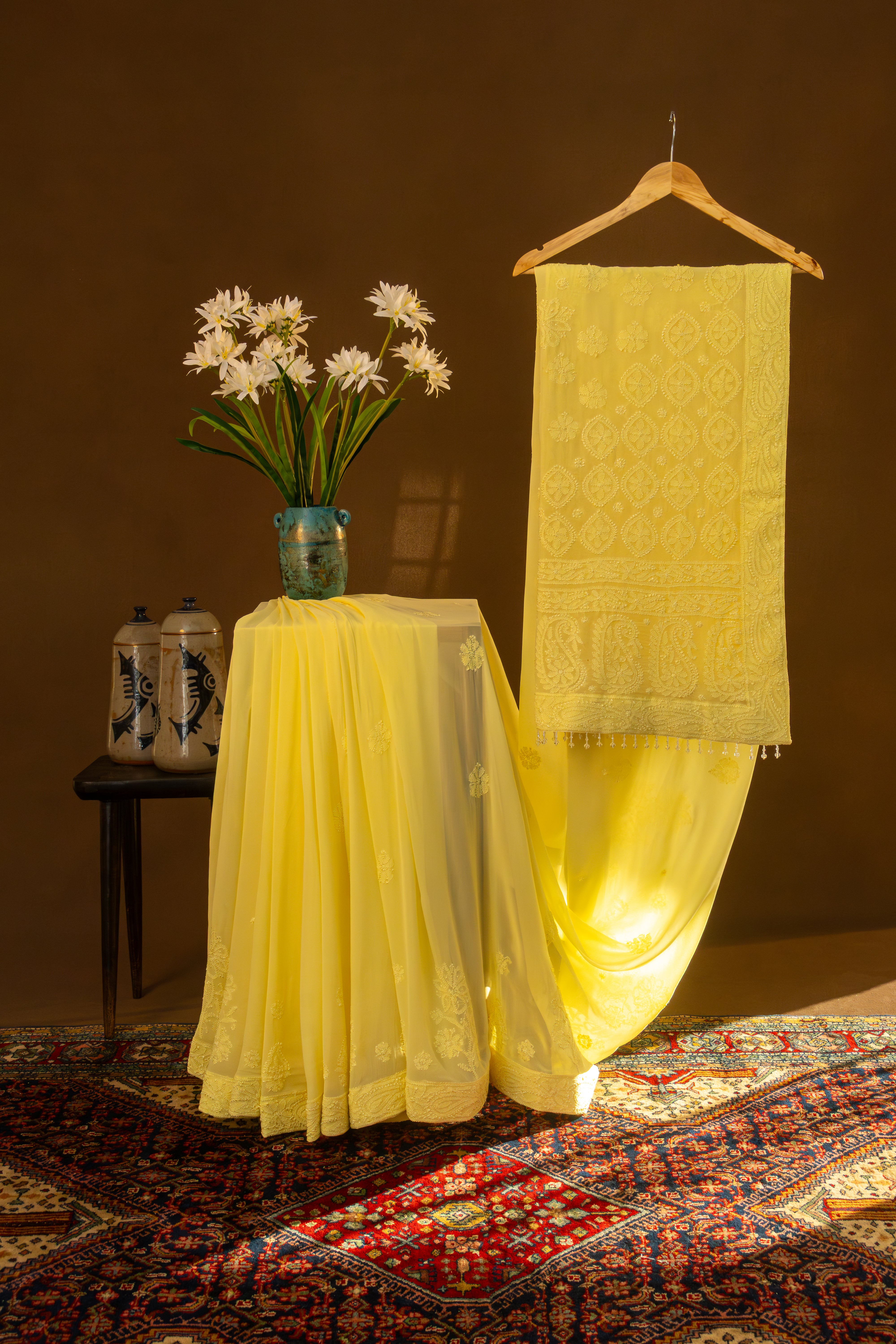 Premium Viscose Georgette Chikankari Saree Skirt Border Palla Resham Thread Work