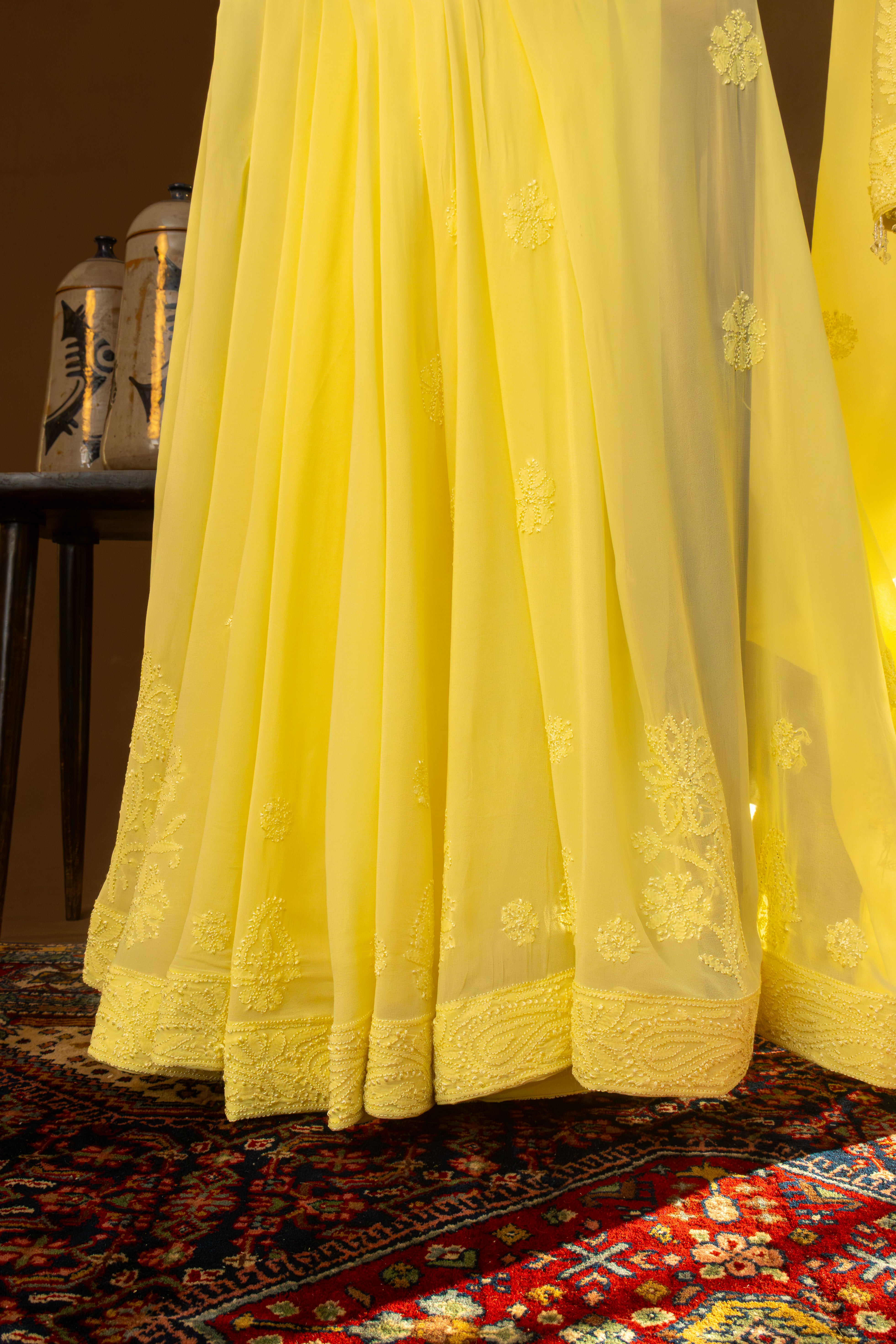 Premium Viscose Georgette Chikankari Saree Skirt Border Palla Resham Thread Work