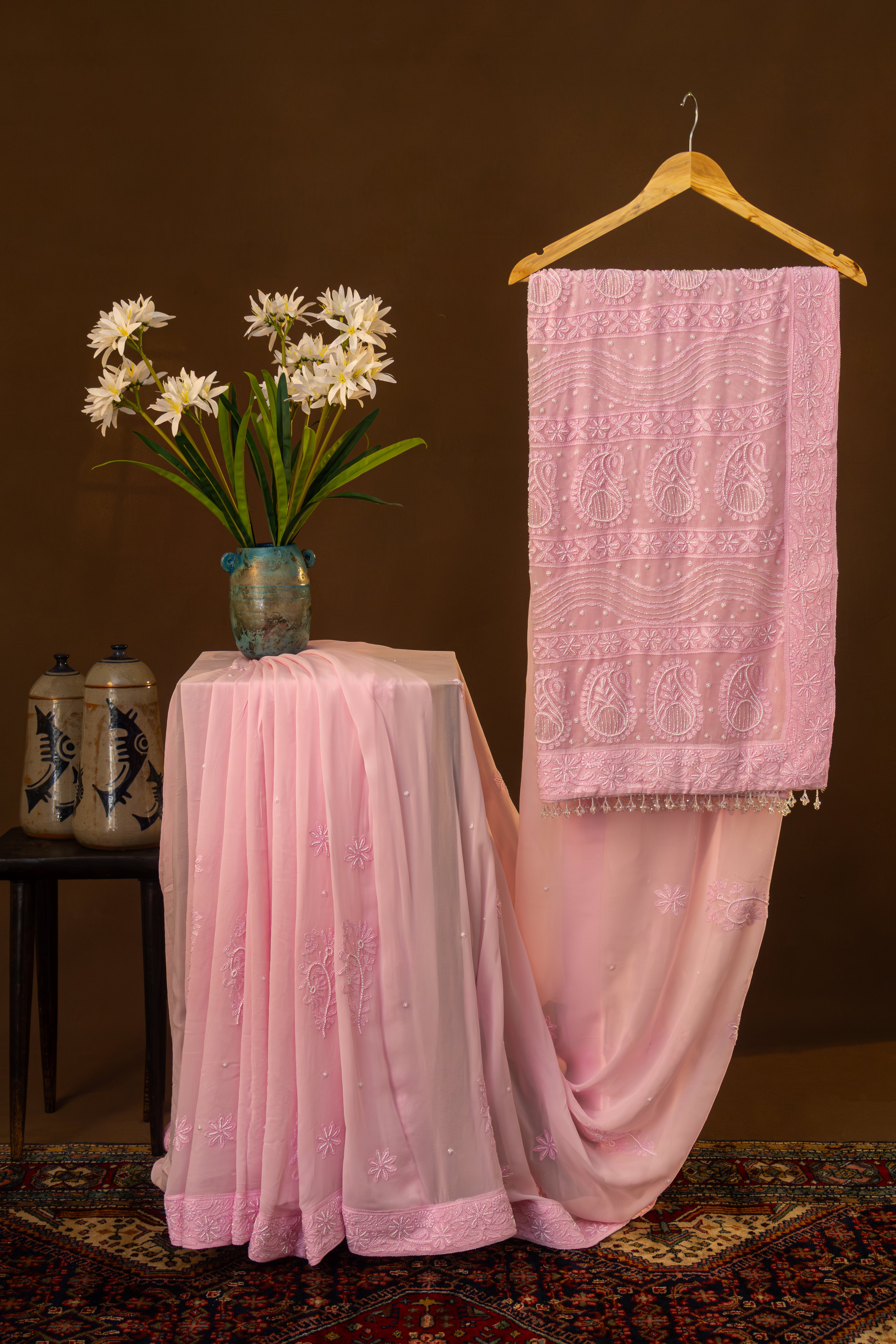 Premium Viscose Georgette Chikankari Cotton Thread Saree Skirt Border Palla with  Pearl & Cutdana work