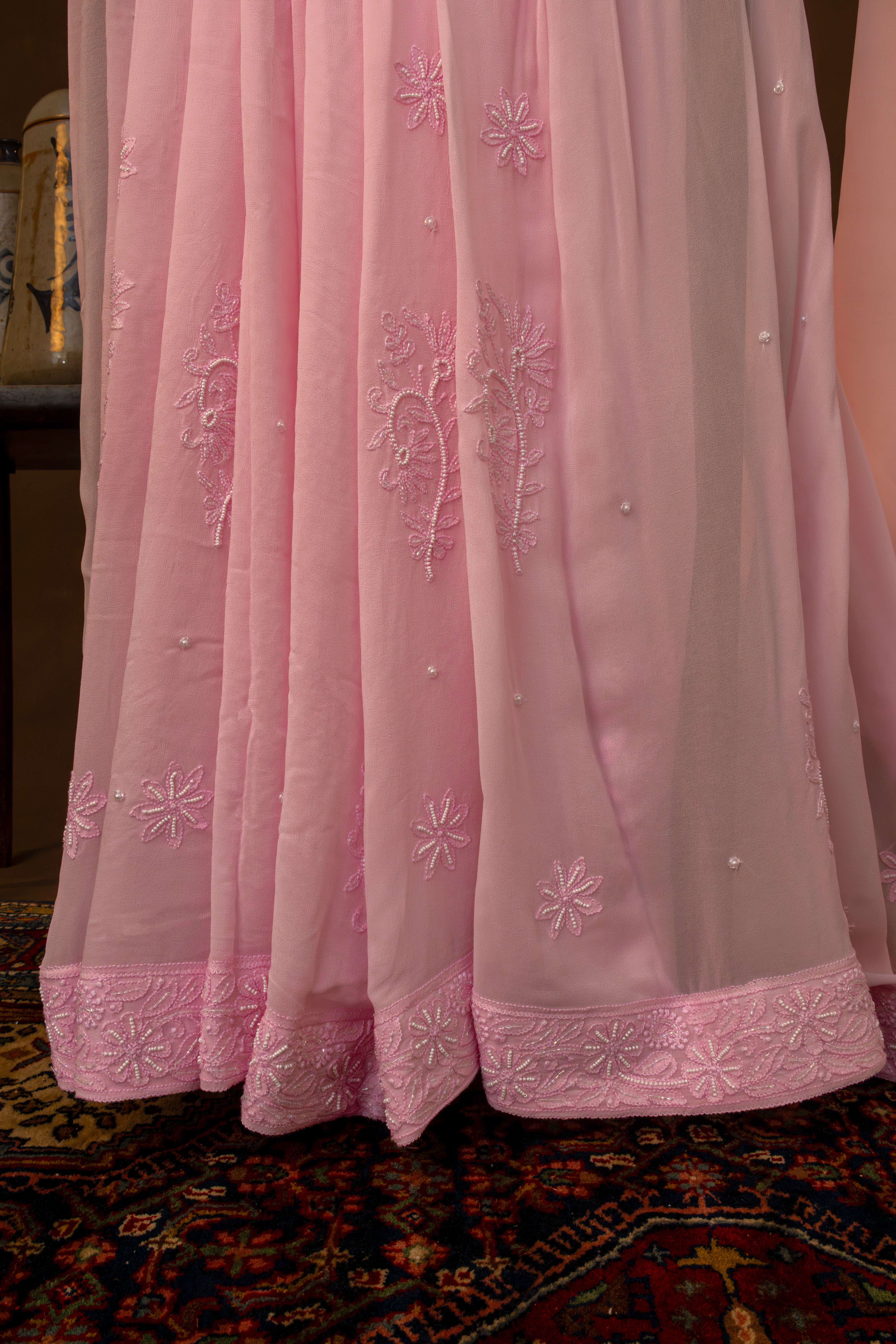 Premium Viscose Georgette Chikankari Cotton Thread Saree Skirt Border Palla with  Pearl & Cutdana work