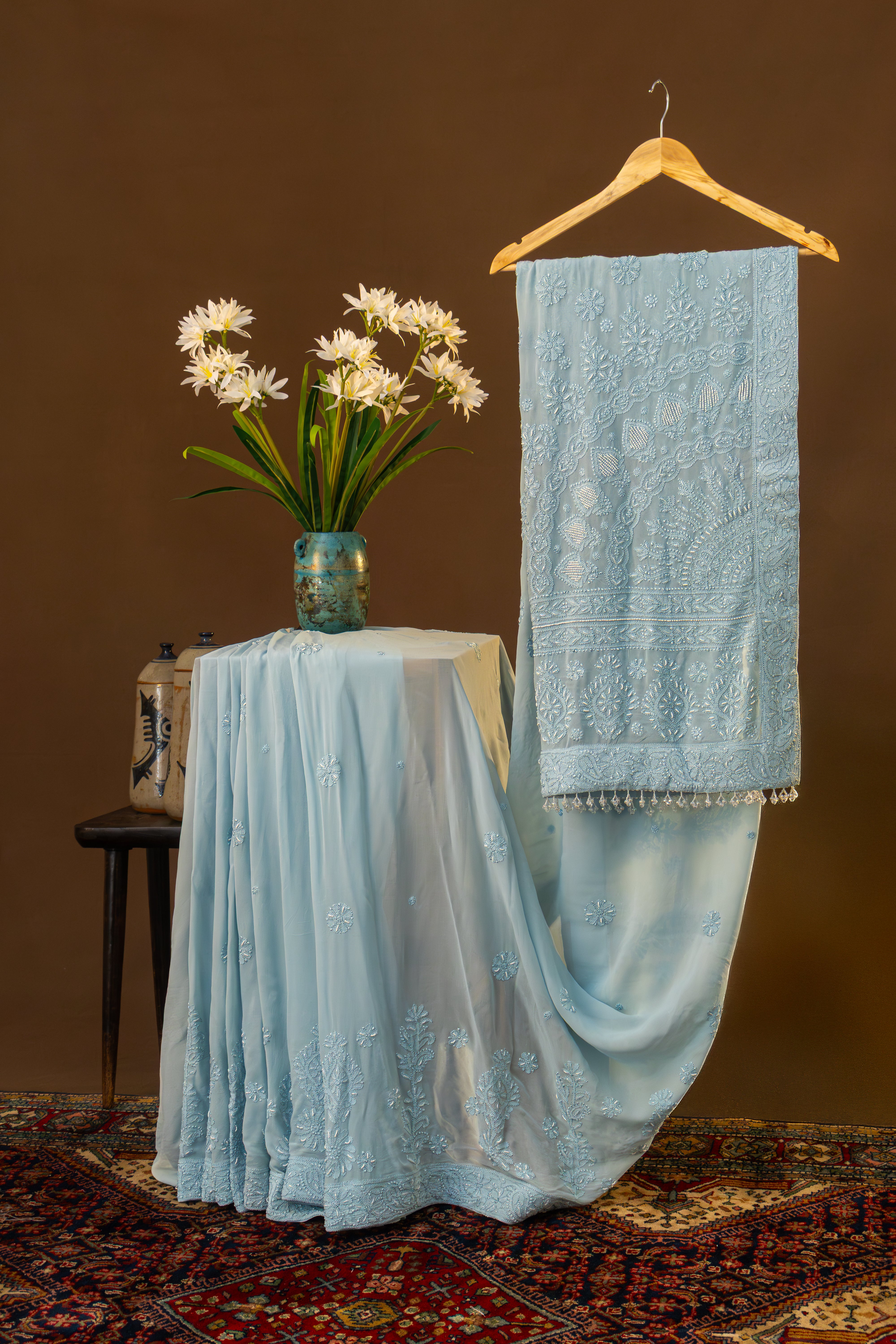 Premium Viscose Georgette Chikankari Resham Thread Saree Skirt Border Palla with  Pearl & Cutdana work