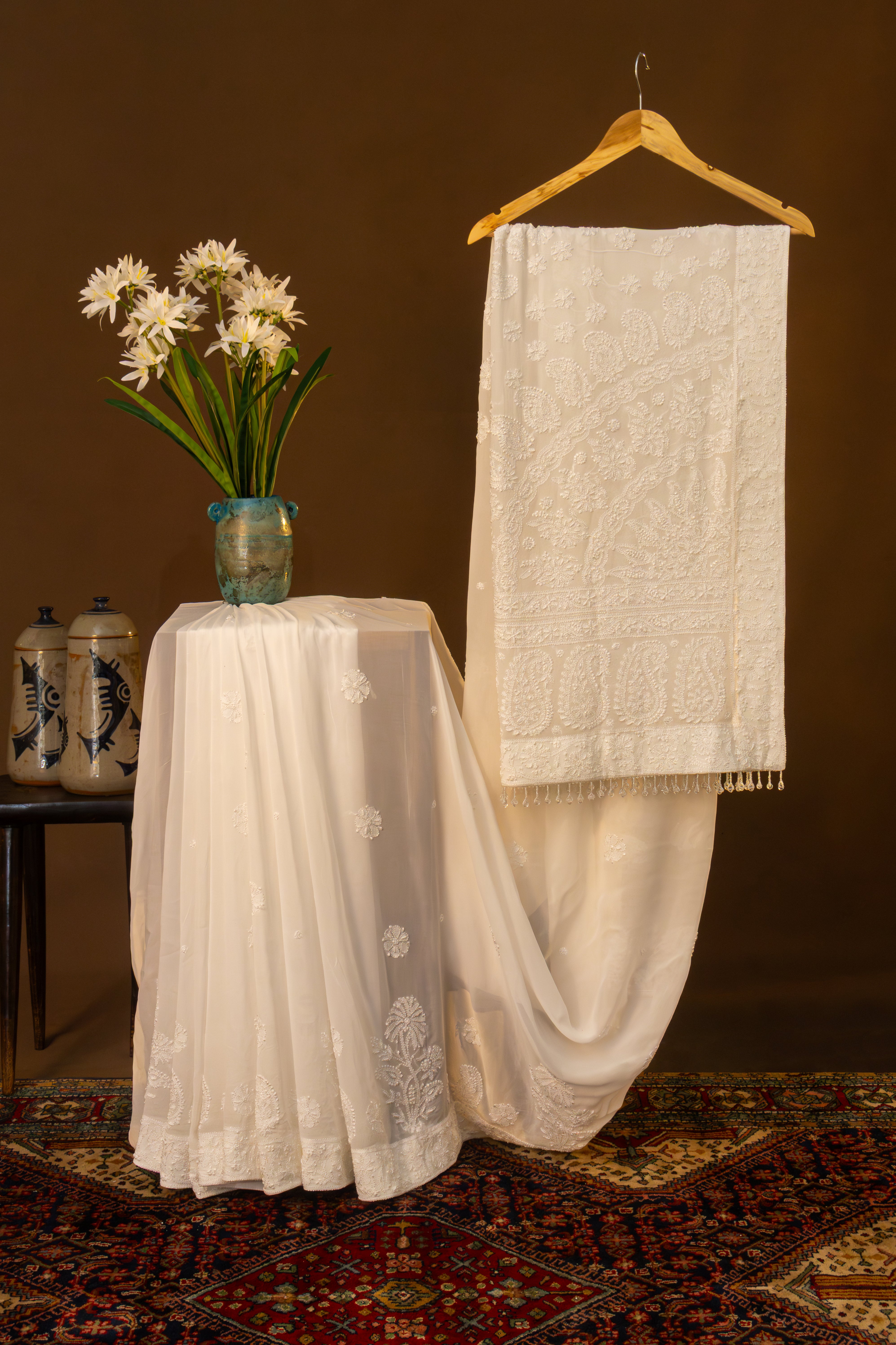 Premium Viscose Georgette Chikankari Saree Skirt Border Palla Resham Thread Work