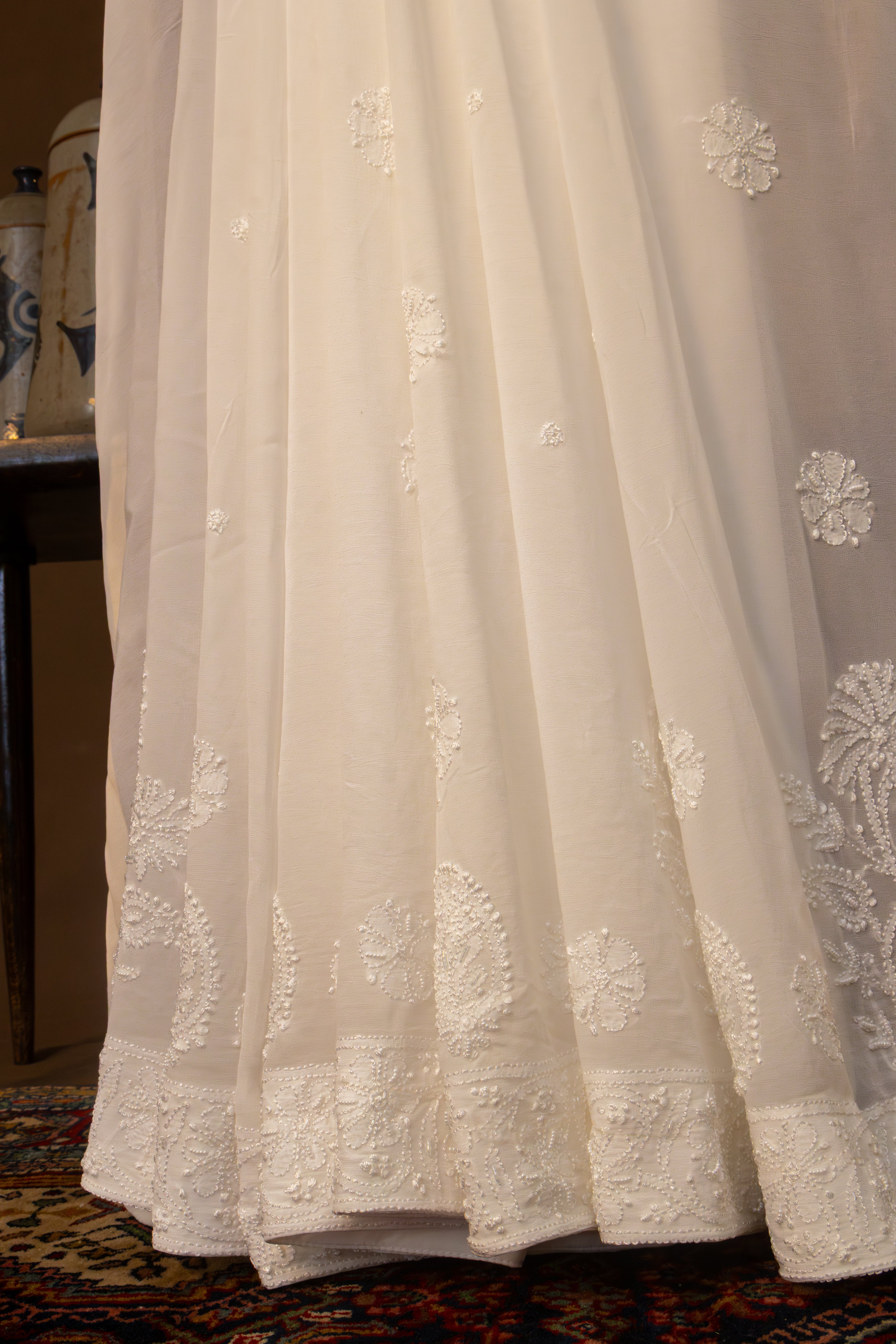 Premium Viscose Georgette Chikankari Saree Skirt Border Palla Resham Thread Work