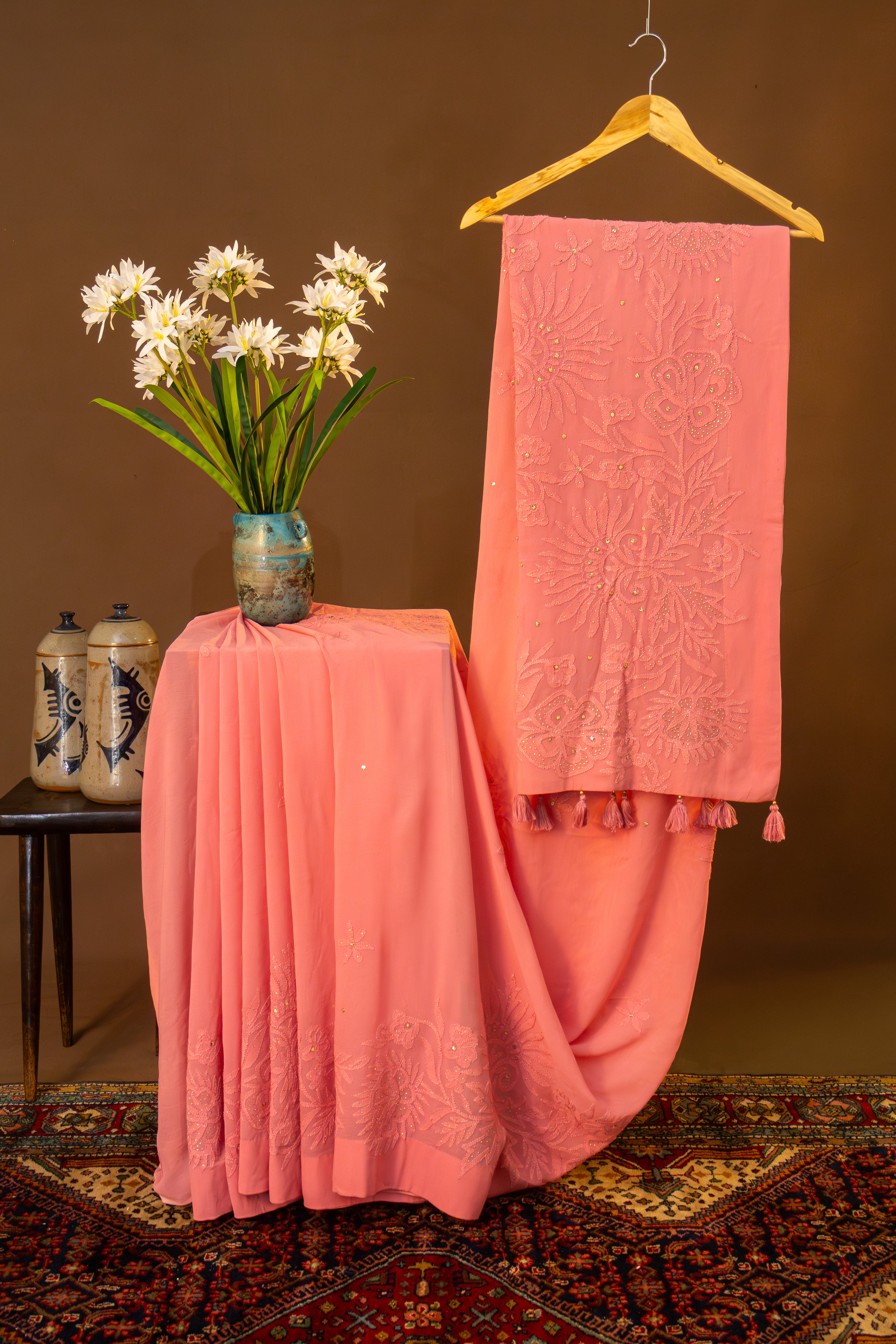 Premium Pure Georgette  Chikankari Skirt Border Palla with Mukesh Work