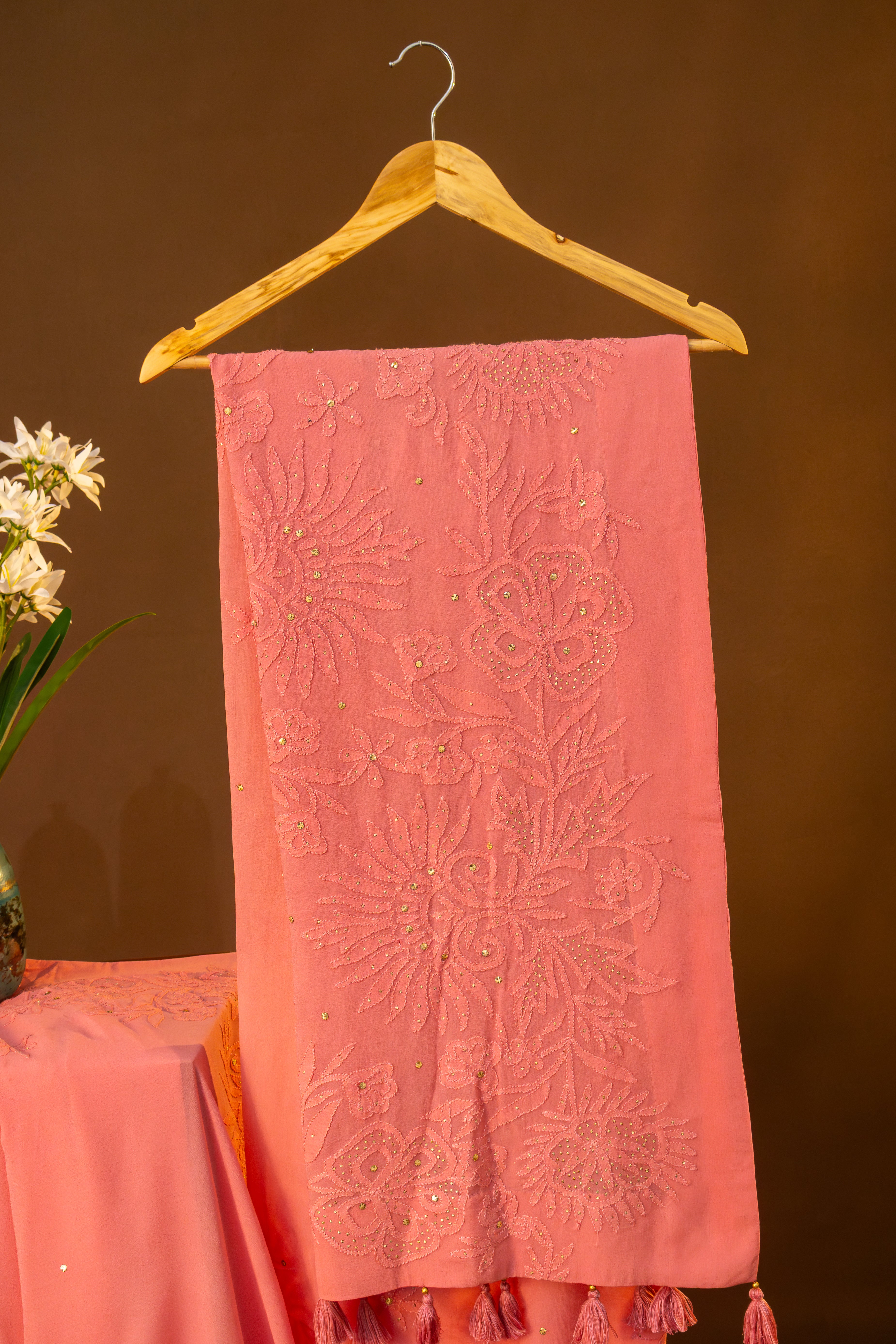 Premium Pure Georgette  Chikankari Skirt Border Palla with Mukesh Work