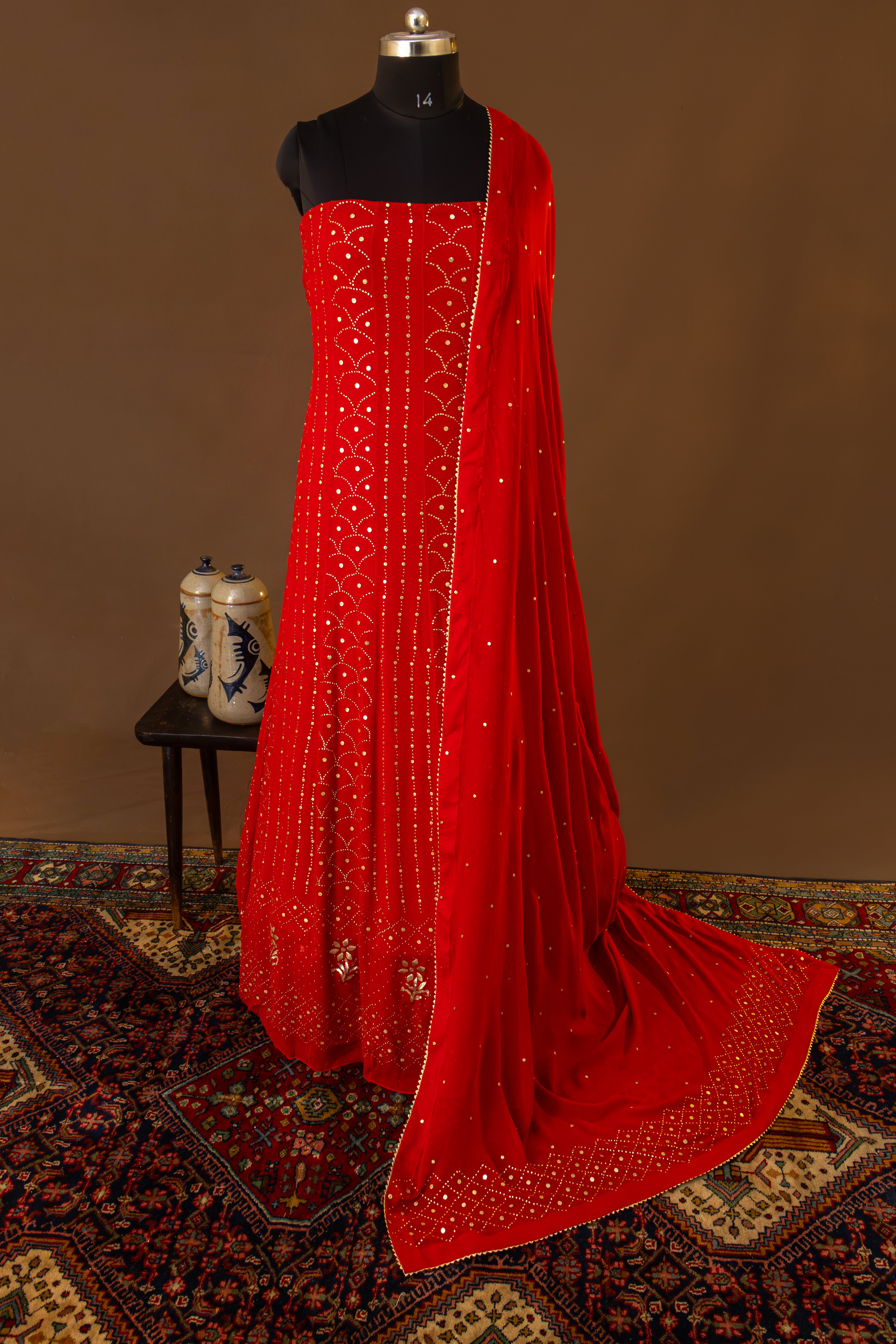 Premium Viscose Gorgette Full Jaal Anarkali  Semi Stitched 2 piece Set with Mukesh & Pitta Work