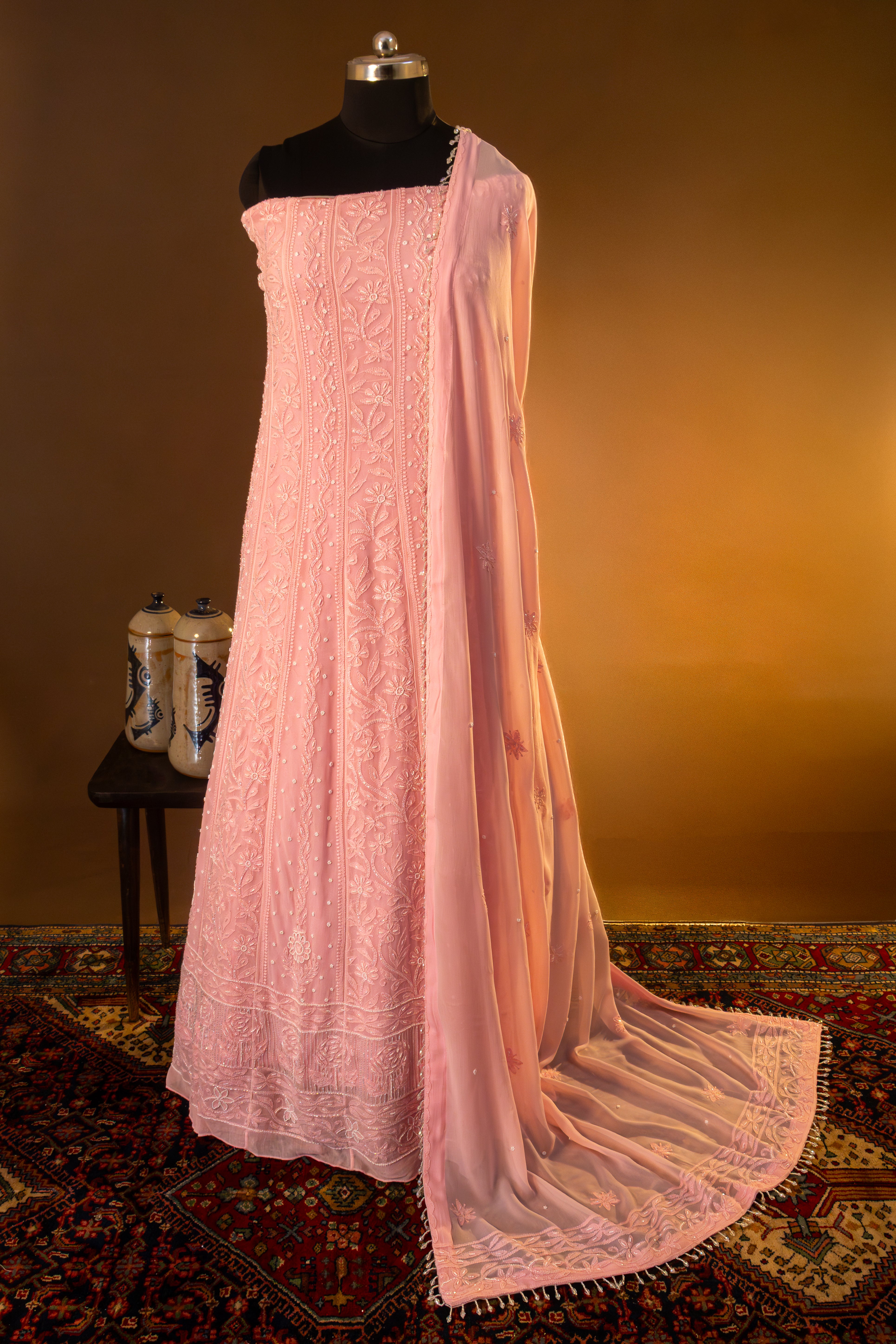 Premium Viscose Gorgette Full Jaal Anarkali  Semi Stitched 2 piece Set with Pearl & Cutdana Work