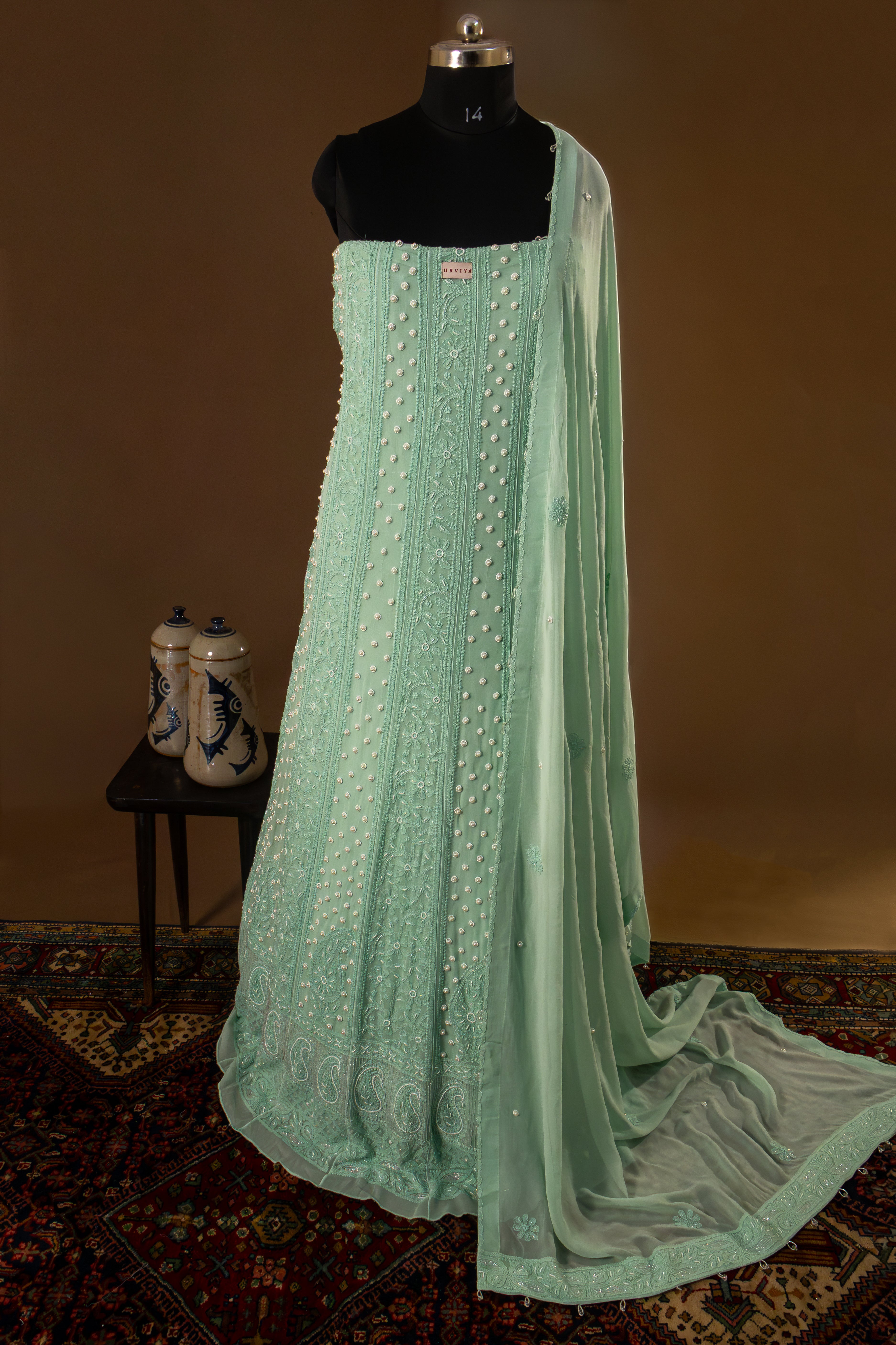 Premium Viscose Gorgette Full Jaal Anarkali  Semi Stitched 2 piece Set with Pearl & Cutdana Work