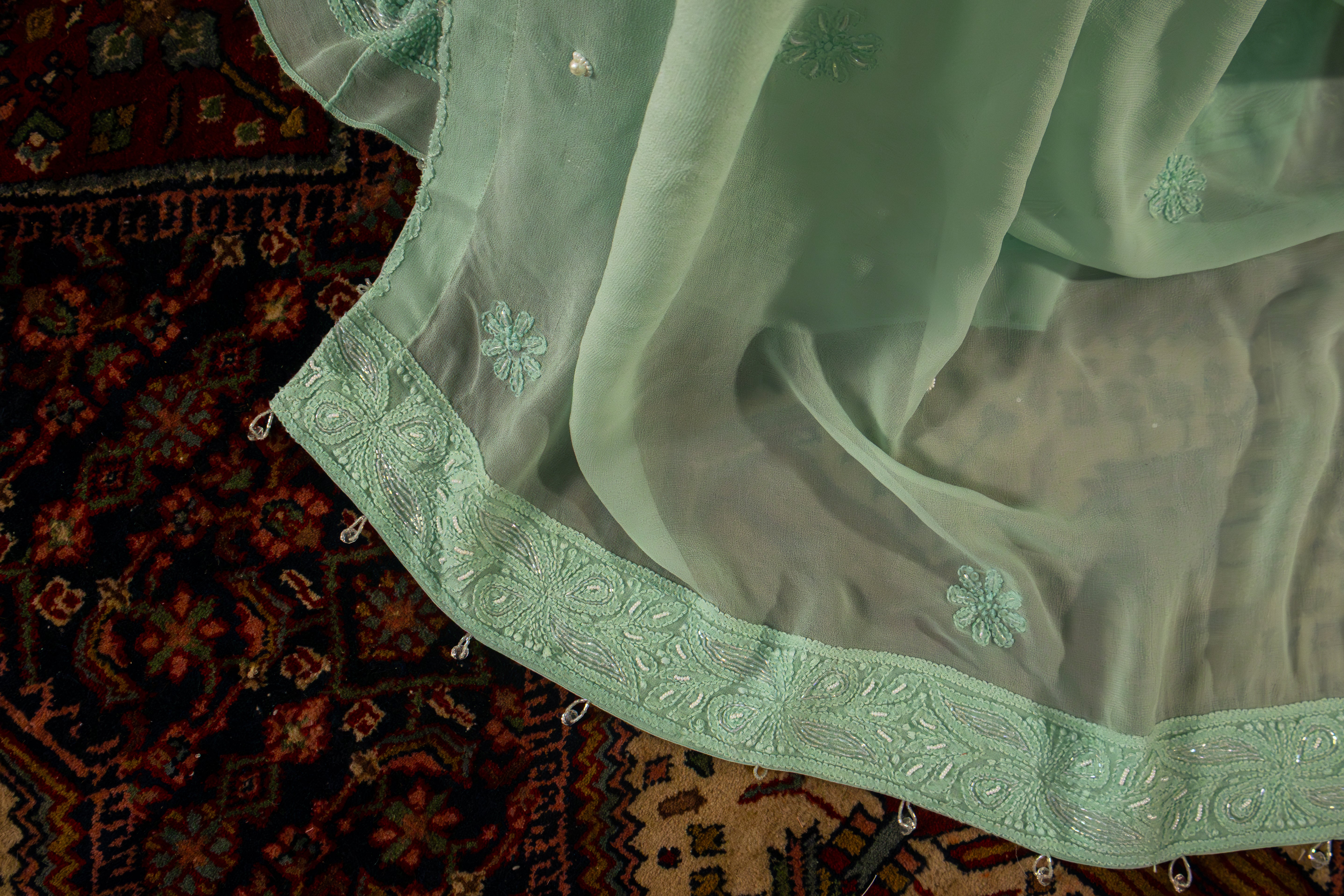 Premium Viscose Gorgette Full Jaal Anarkali  Semi Stitched 2 piece Set with Pearl & Cutdana Work