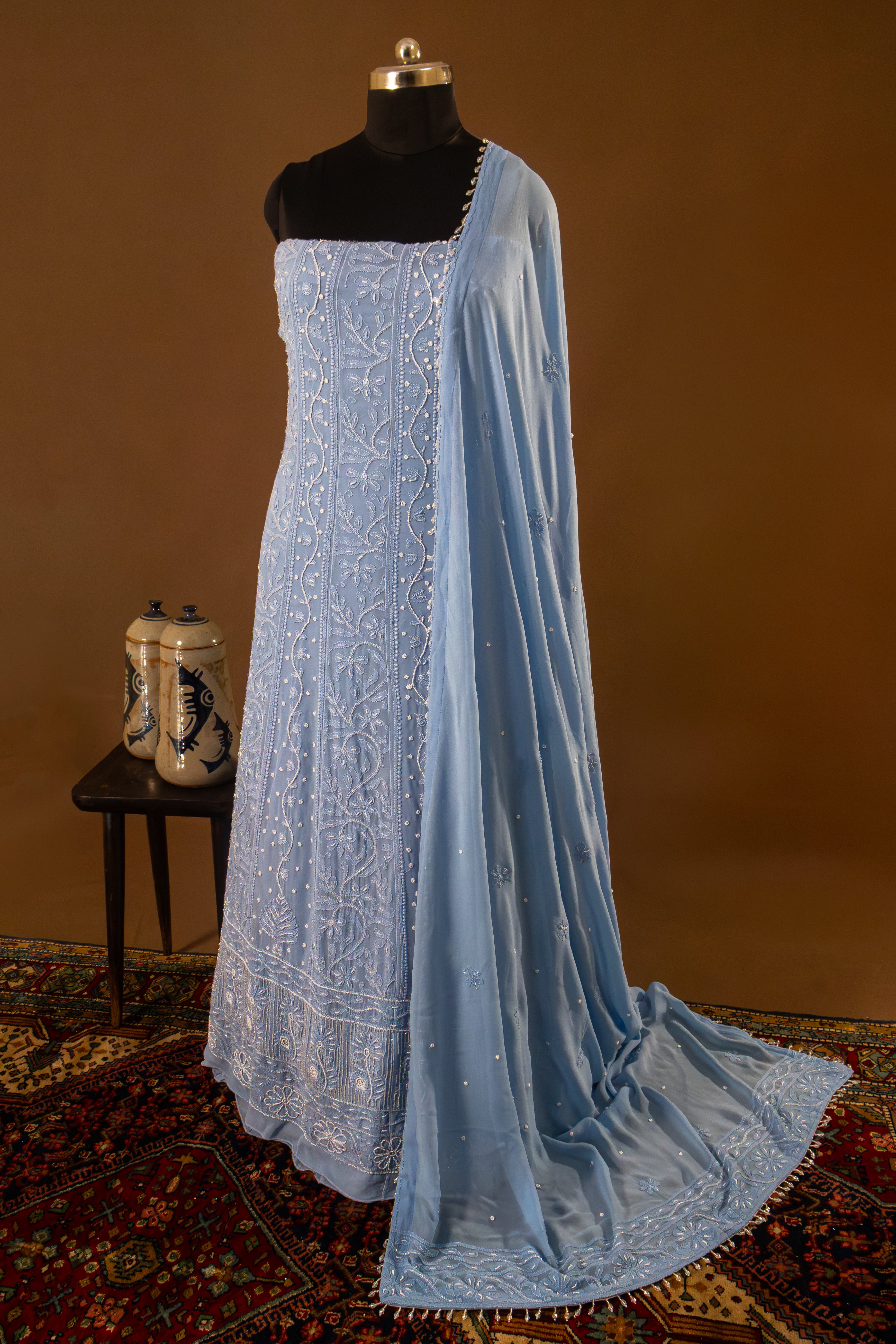 Premium Viscose Gorgette Full Jaal Anarkali  Semi Stitched 2 piece Set with Pearl & Cutdana Work