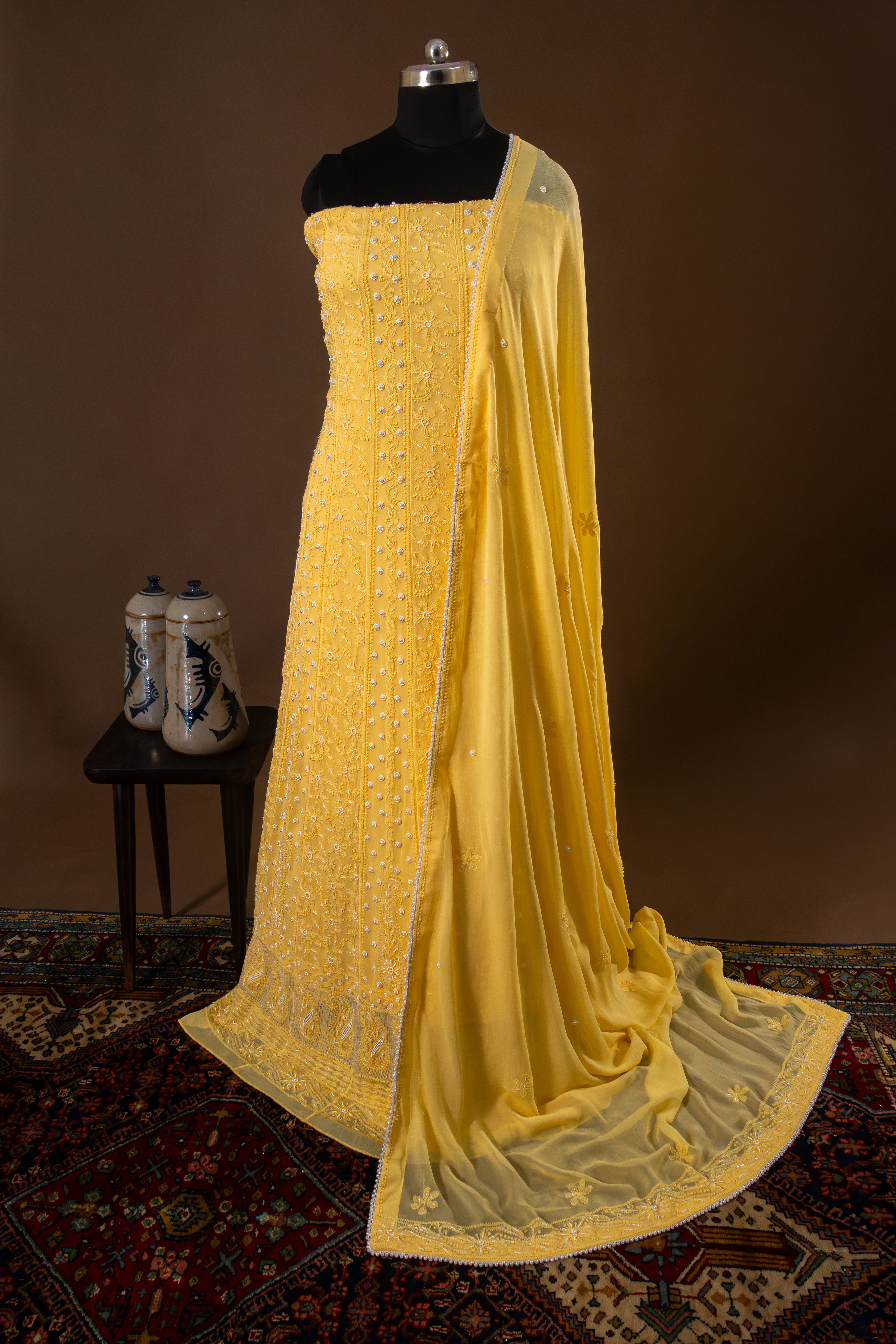 Premium Viscose Gorgette Full Jaal Anarkali  Semi Stitched 2 piece Set with Pearl & Cutdana Work