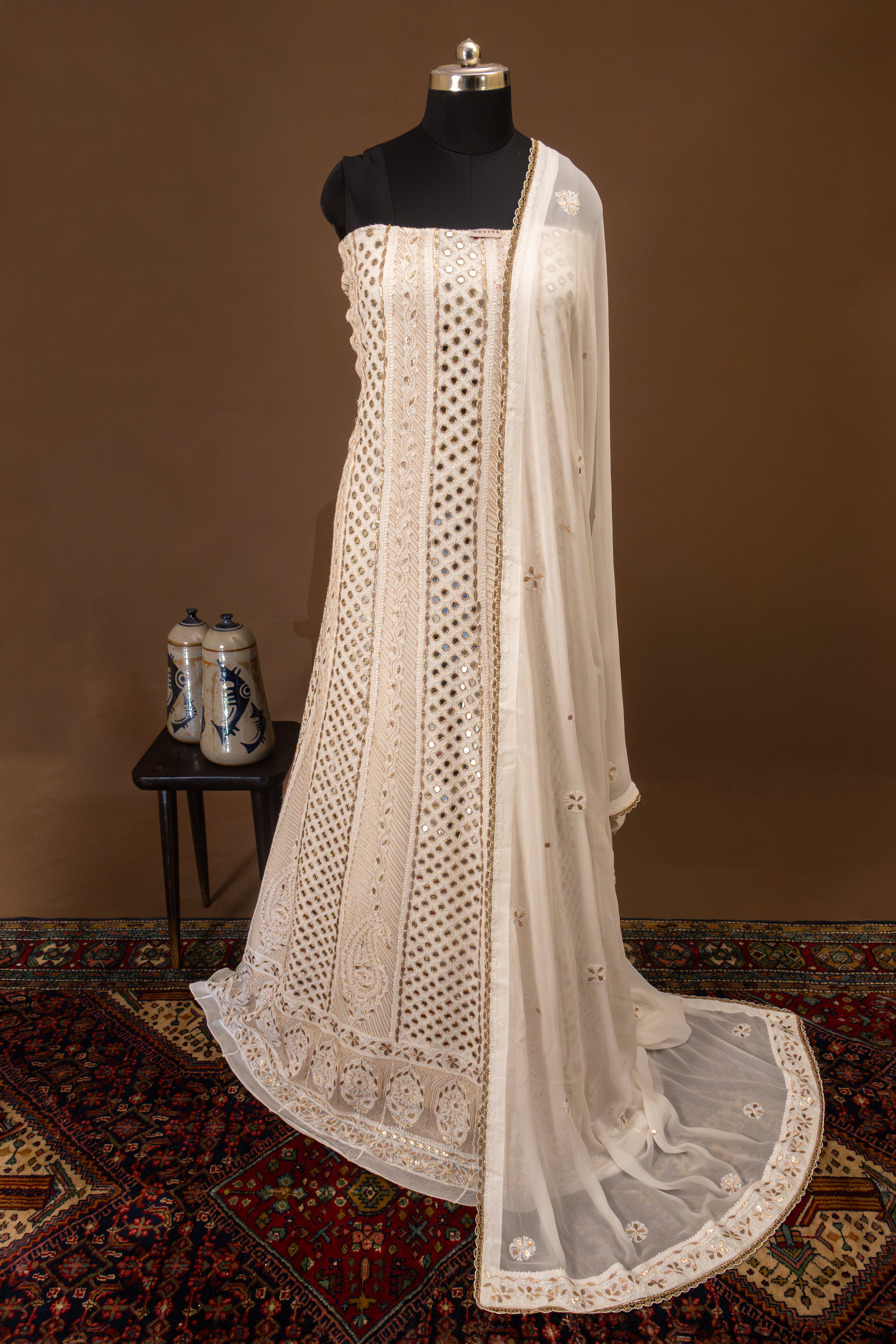 Premium Viscose Gorgette Full Jaal Anarkali  Semi Stitched 2 piece Set with Gota Patti Mirror Work