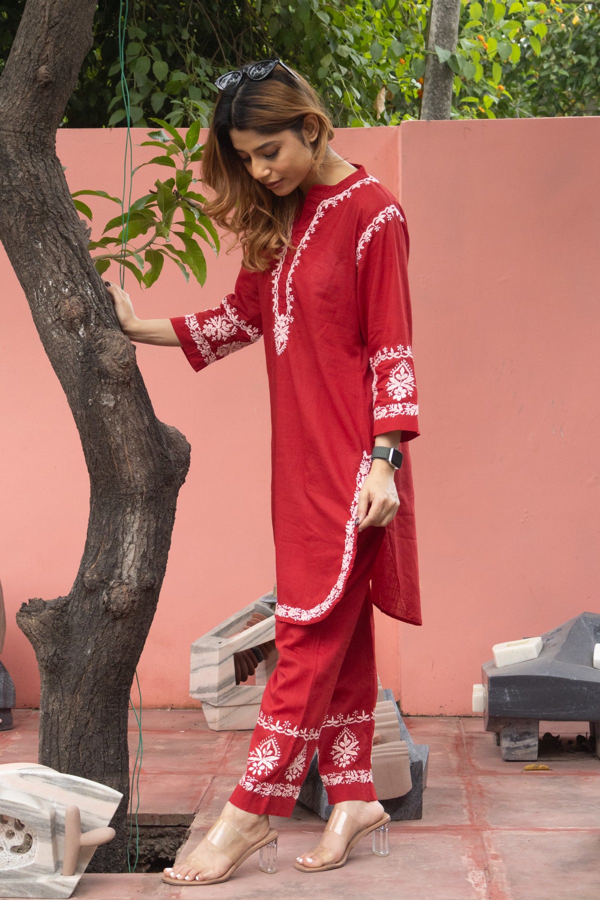 Red Everyday Chikankari Cotton Coord Set