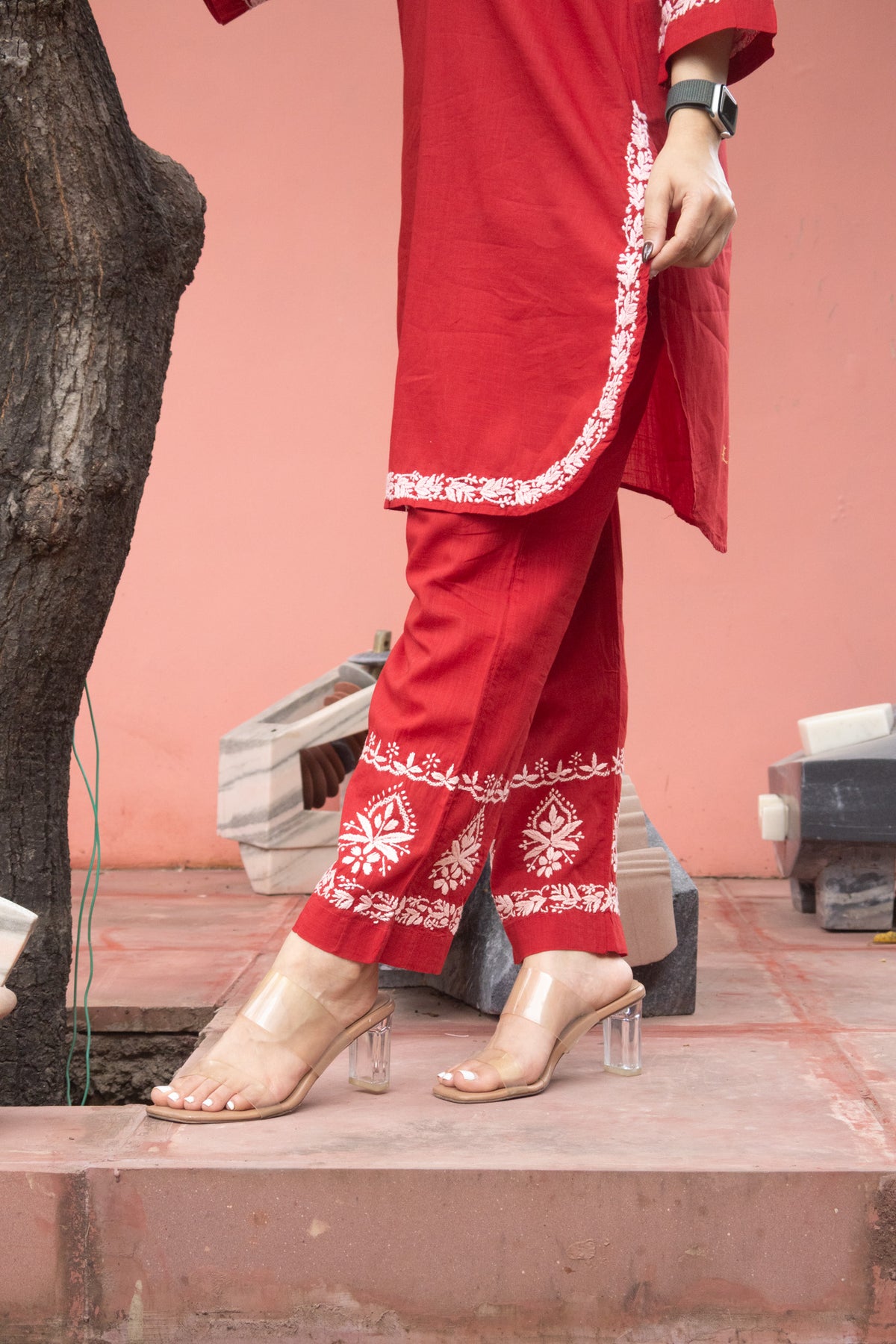 Red Everyday Chikankari Cotton Coord Set