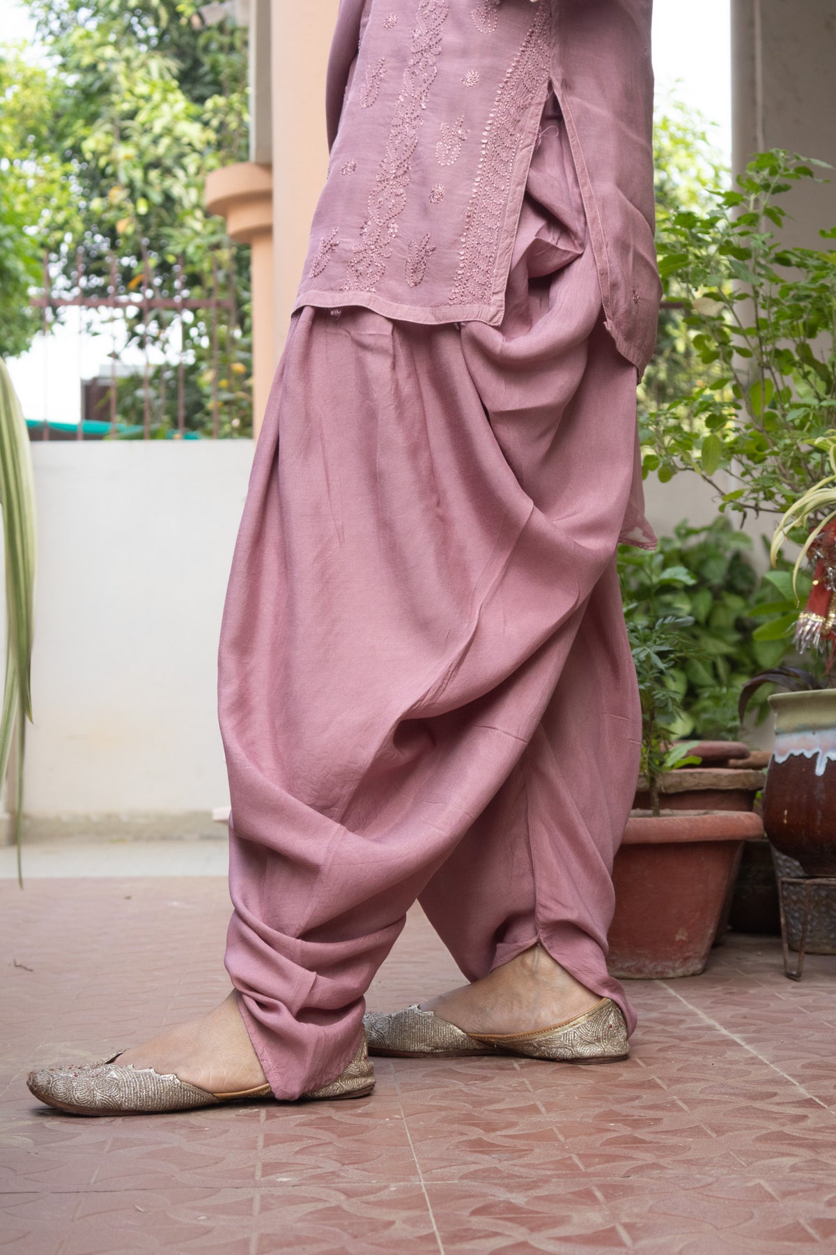 Onion Muslin Short Kurti with Dhoti Pants 3 Piece Set