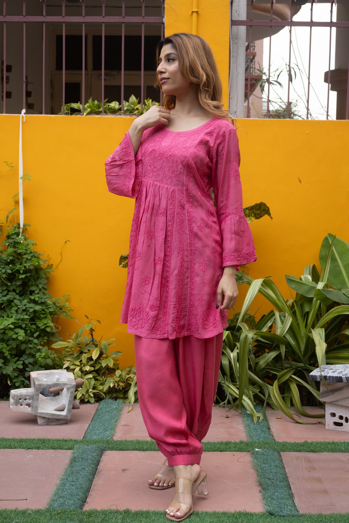 Pink Muslin Nyra Kurti Afghani 2 Piece Set