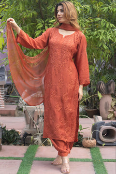 Rust Red Muslin Kurti with Ghaaspatti Work