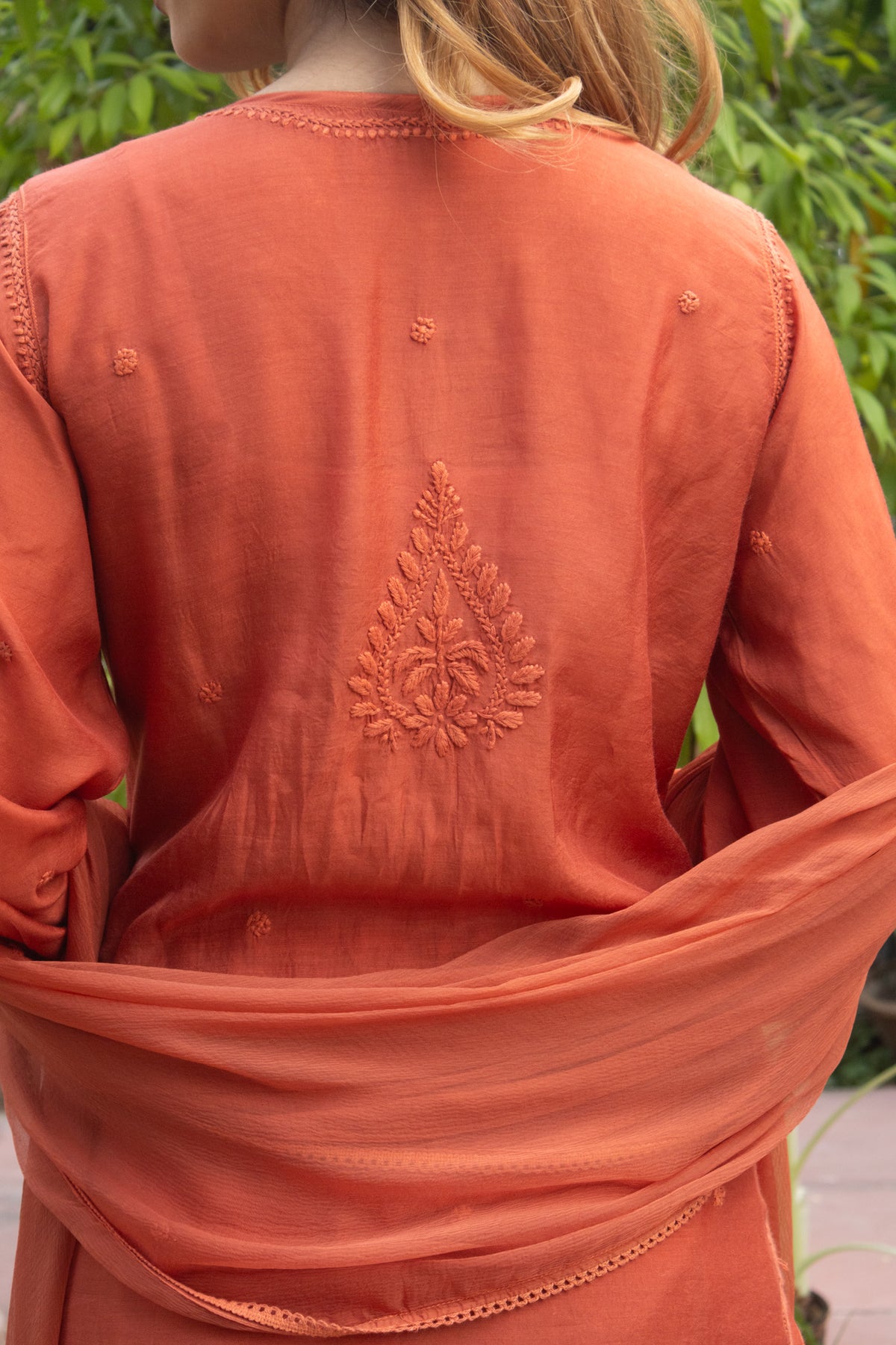 Rust Red Muslin Kurti with Ghaaspatti Work