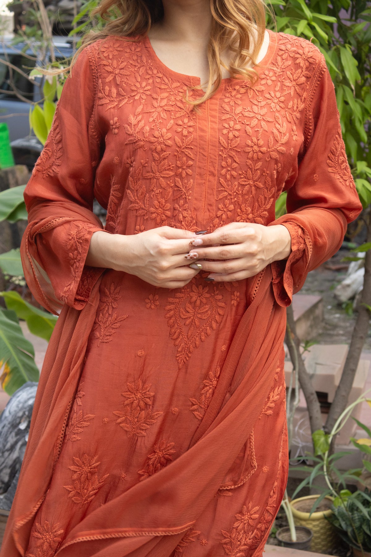 Rust Red Muslin Kurti with Ghaaspatti Work